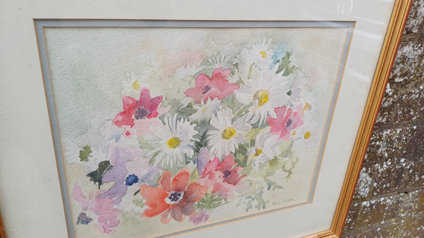 Original vintage watercolour, water colour of Flowers by Janis Roddick - daisies, poppies, cosmos, framed in gilt glazed vintage frame