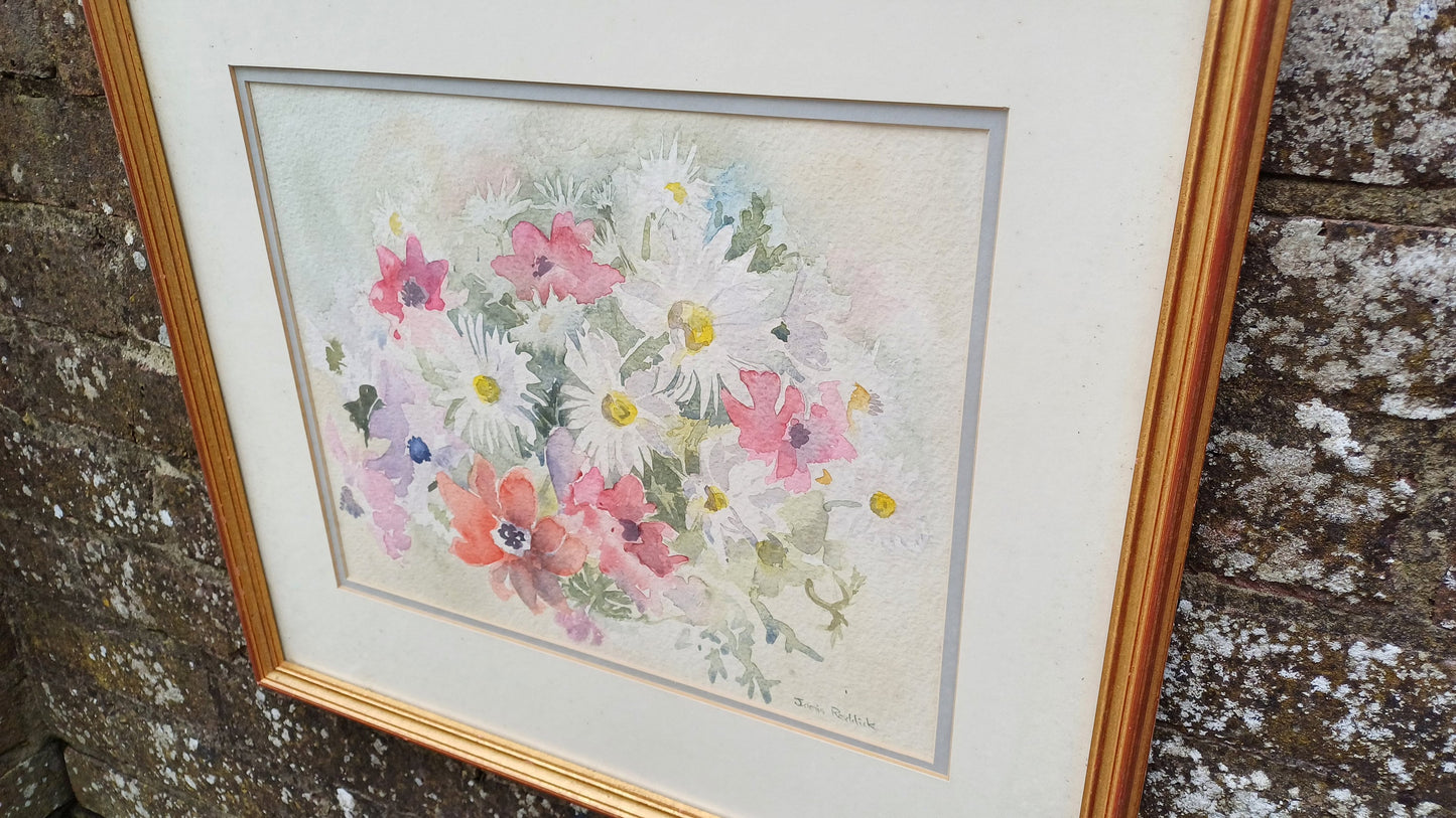 Original vintage watercolour, water colour of Flowers by Janis Roddick - daisies, poppies, cosmos, framed in gilt glazed vintage frame