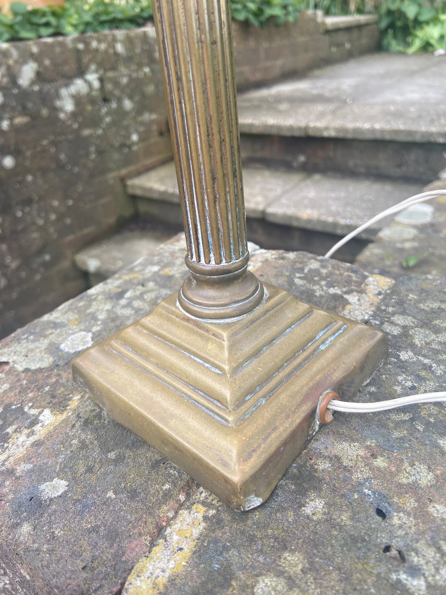Gorgeous retro bronze vintage lamp, classical column style with retro gold and yellow shade - working retro table lamp