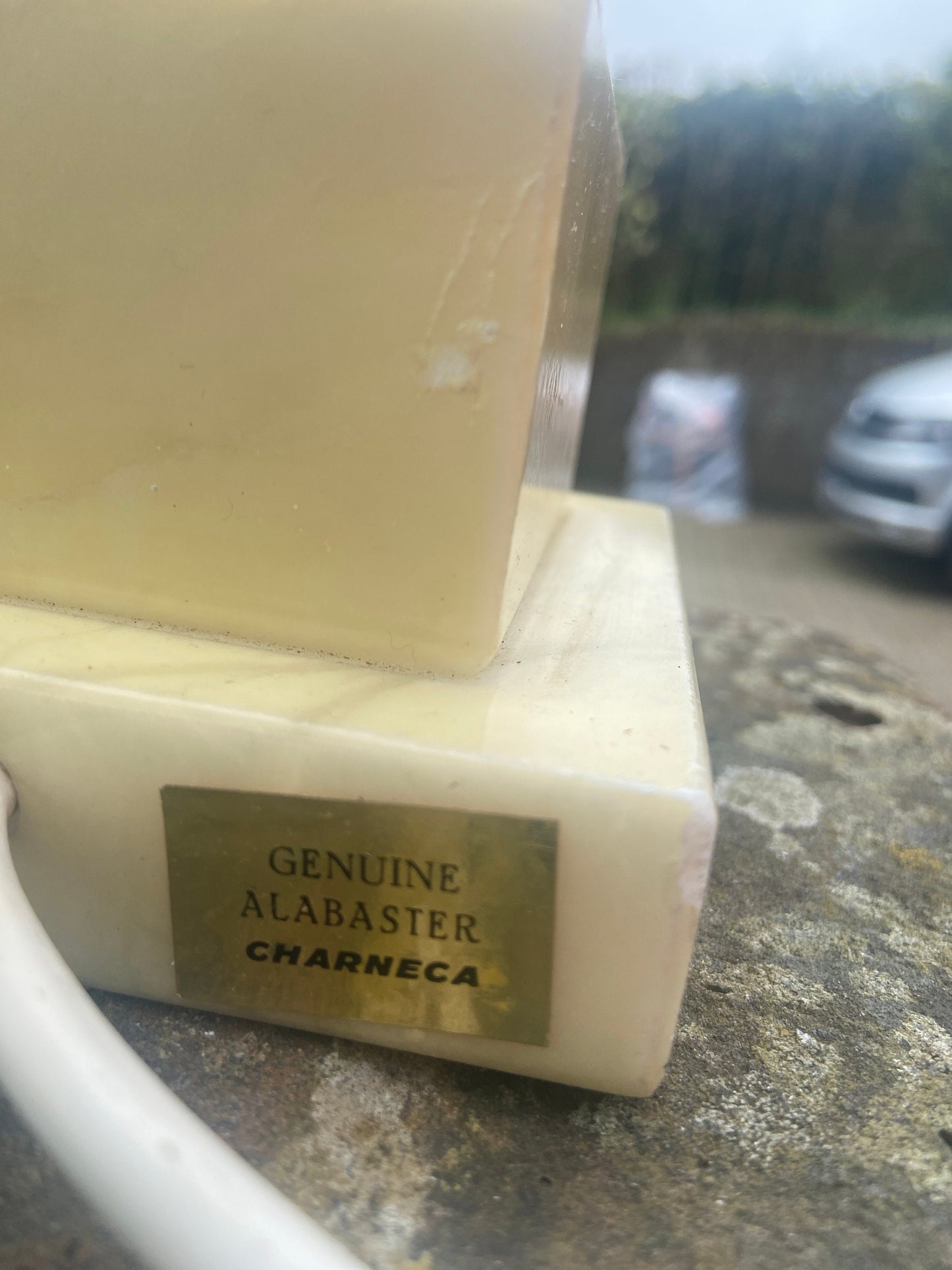 Gorgeous yellow alabaster column style lamp, tall - genuine alabaster Charneca - creamy white yellow onyx marble lamp - working vintage lamp