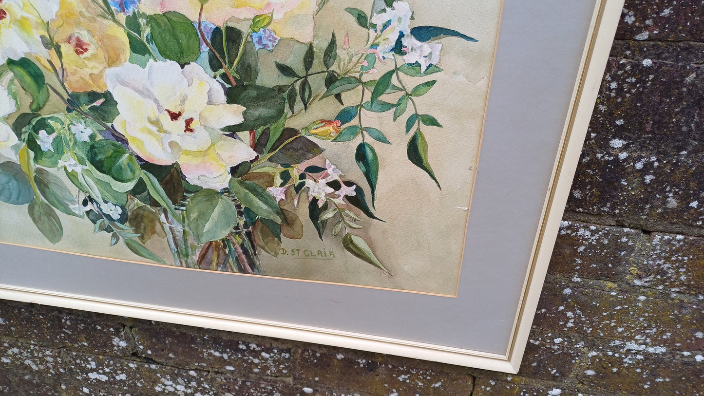 Original vintage watercolour still life, flowers in a vase, roses cornflowers, jasmine water colour
