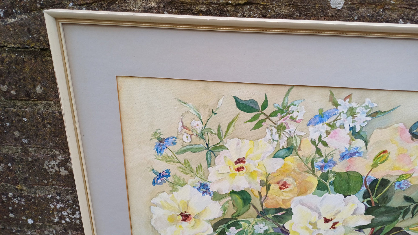 Original vintage watercolour still life, flowers in a vase, roses cornflowers, jasmine water colour