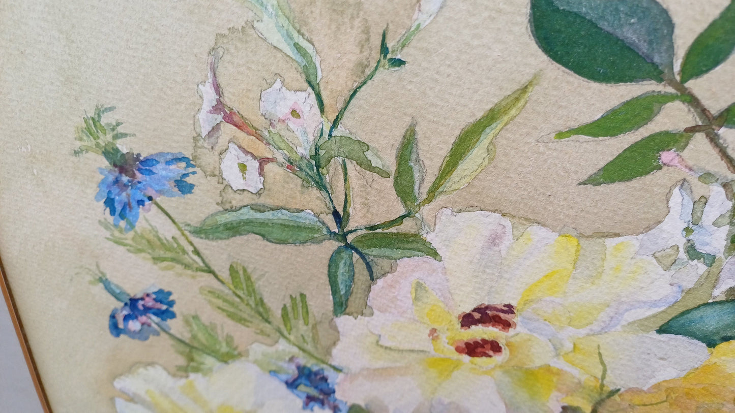 Original vintage watercolour still life, flowers in a vase, roses cornflowers, jasmine water colour