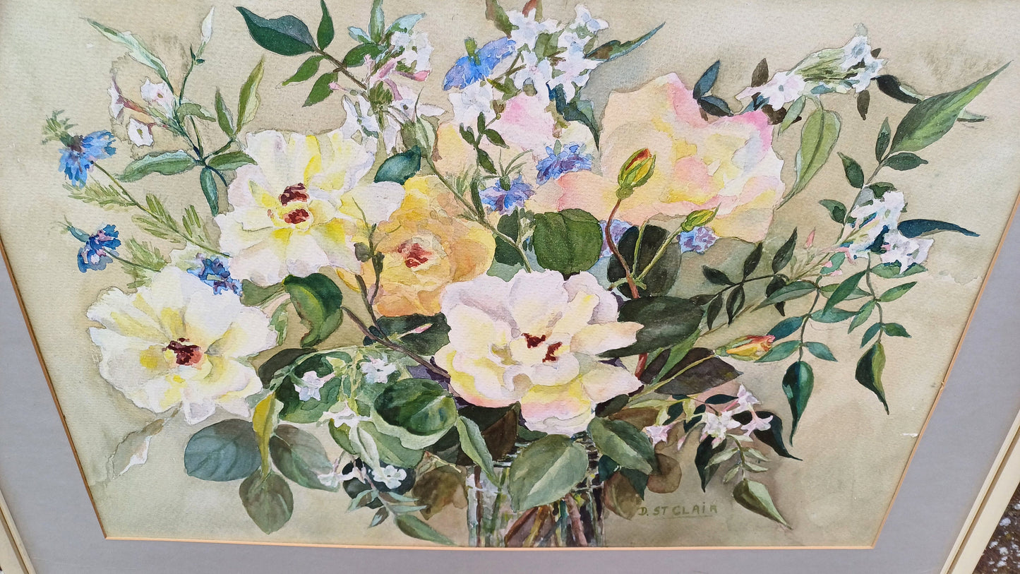 Original vintage watercolour still life, flowers in a vase, roses cornflowers, jasmine water colour