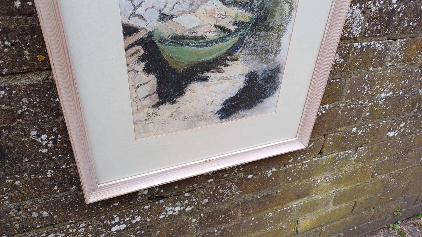 Vintage pastel - Greek Fishing Boat, row boat, Kefalonia, Nassos - original art, framed painting