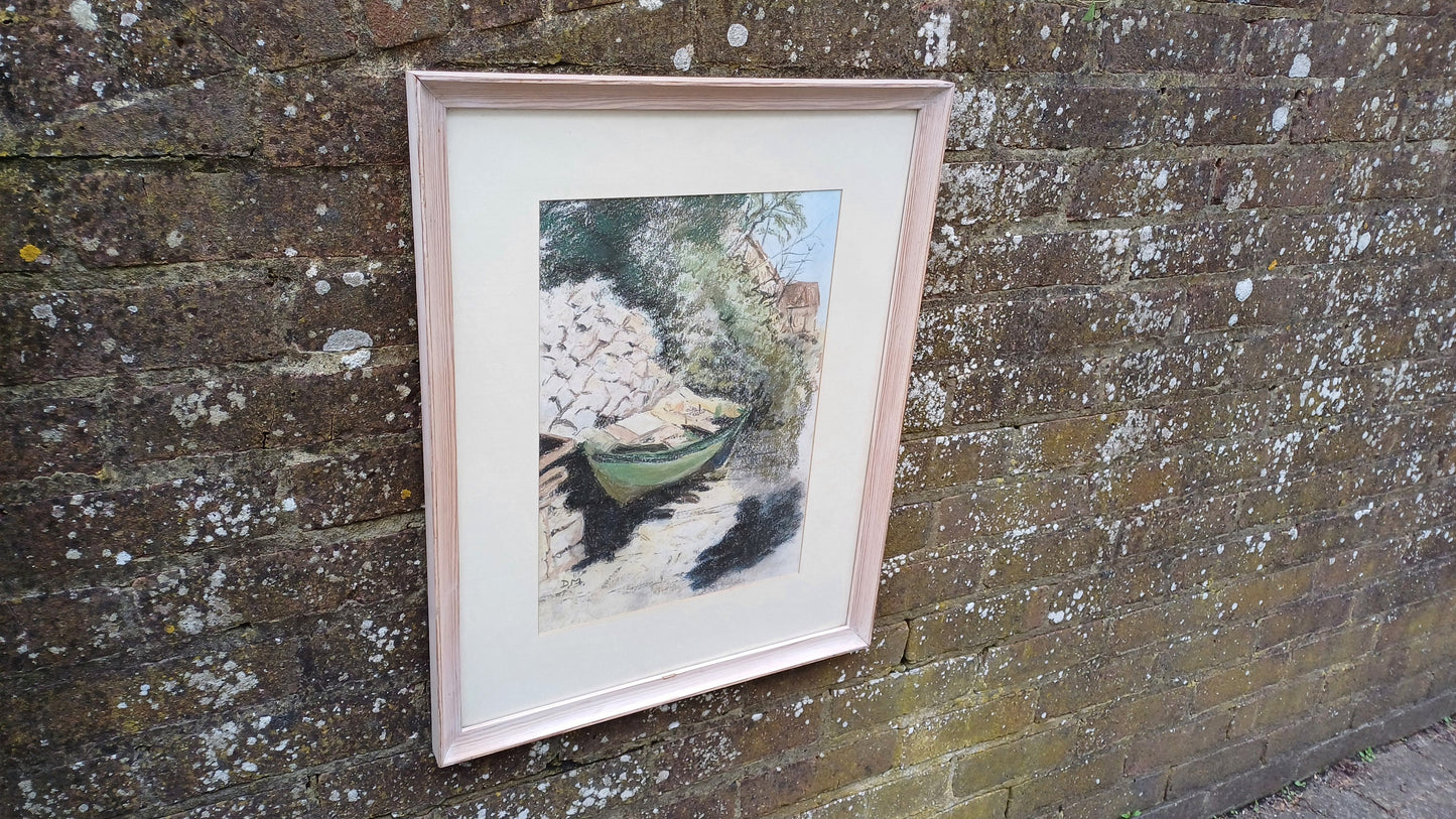 Vintage pastel - Greek Fishing Boat, row boat, Kefalonia, Nassos - original art, framed painting