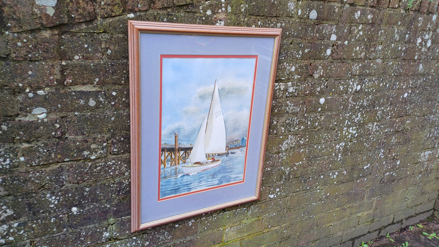 Large original watercolour of a yacht leaving a harbour, jetty, quay - seaside, maritime, boating scene