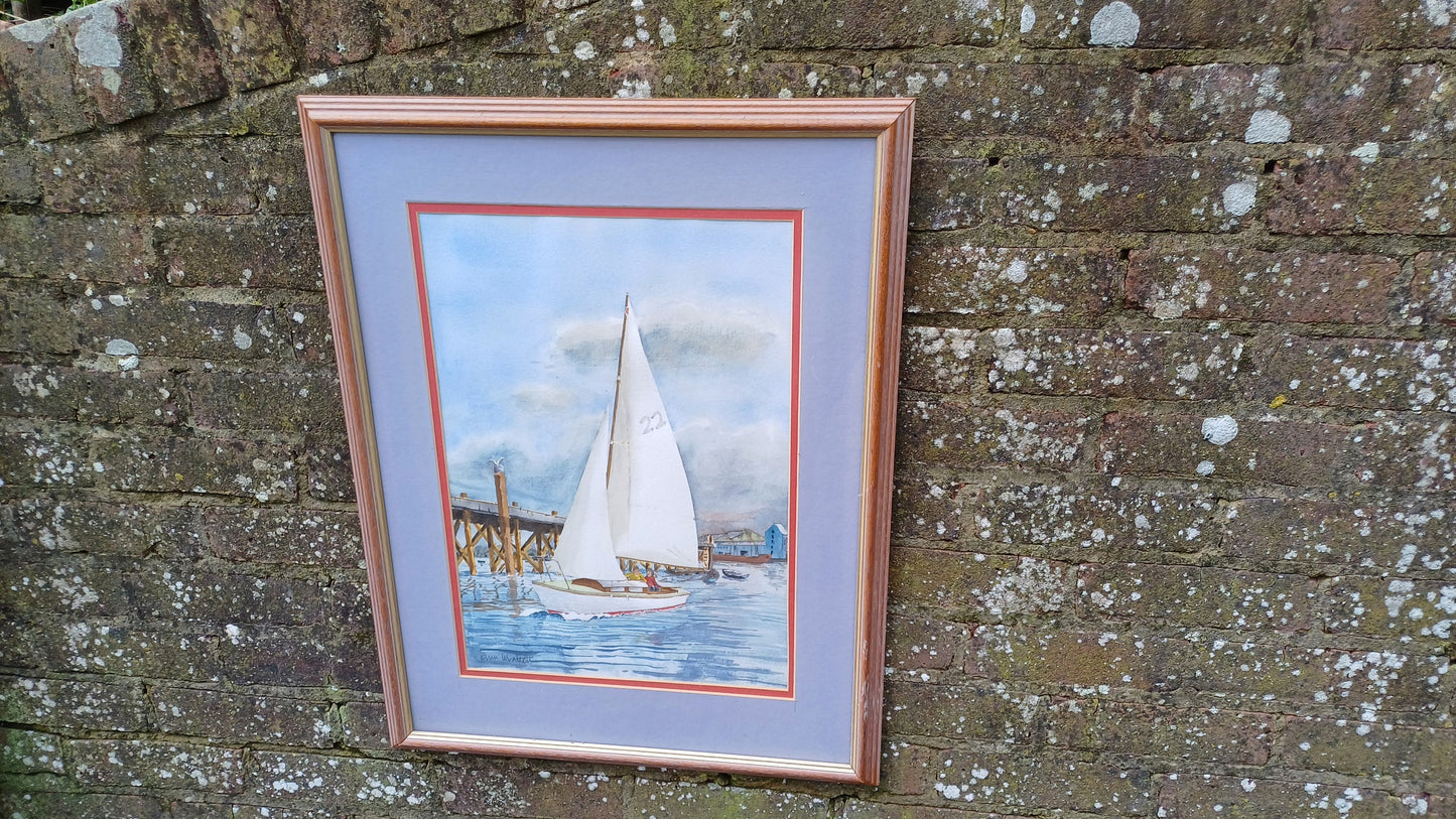 Large original watercolour of a yacht leaving a harbour, jetty, quay - seaside, maritime, boating scene