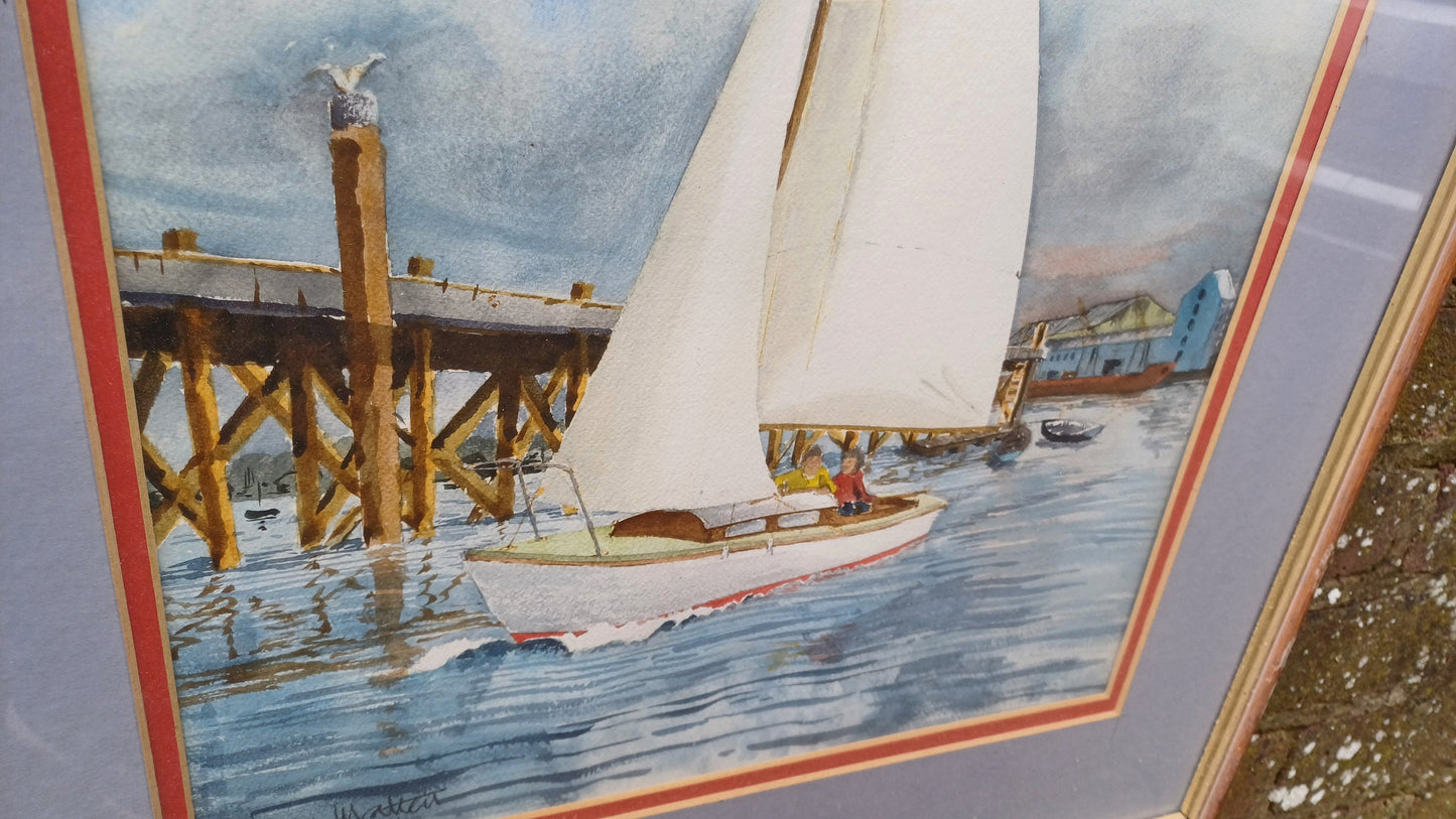 Large original watercolour of a yacht leaving a harbour, jetty, quay - seaside, maritime, boating scene