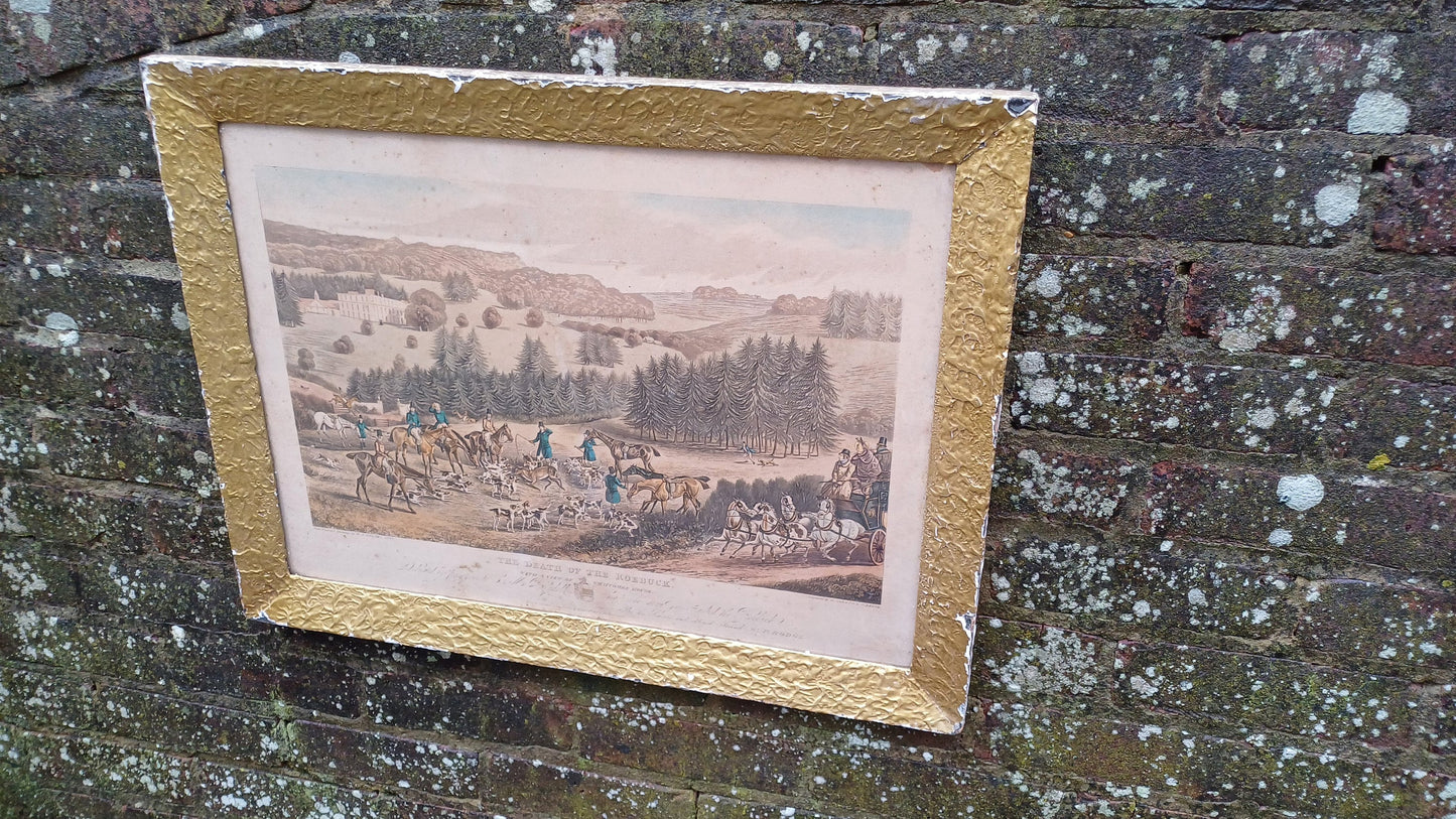 Antique aquatint "Death of the Roebuck" at Whatcombe House drawing by W.P. Hodges, engraving by M. Alken & R.C. Reeve pub McLean London 1834