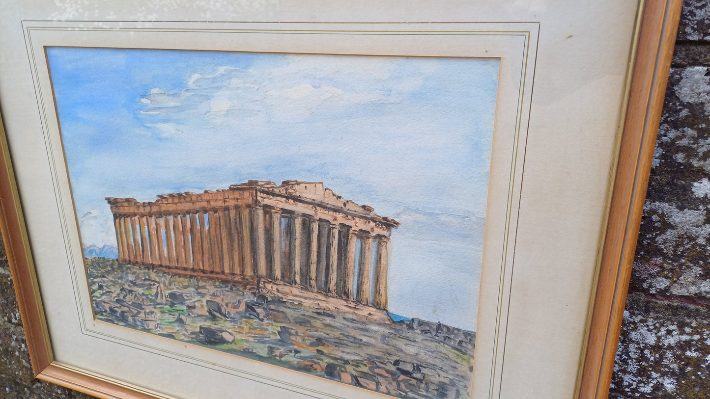 Vintage original watercolour of the Acropolis, Athens - excellent depiction, mounted and vintage glazed frame, good size, water colour