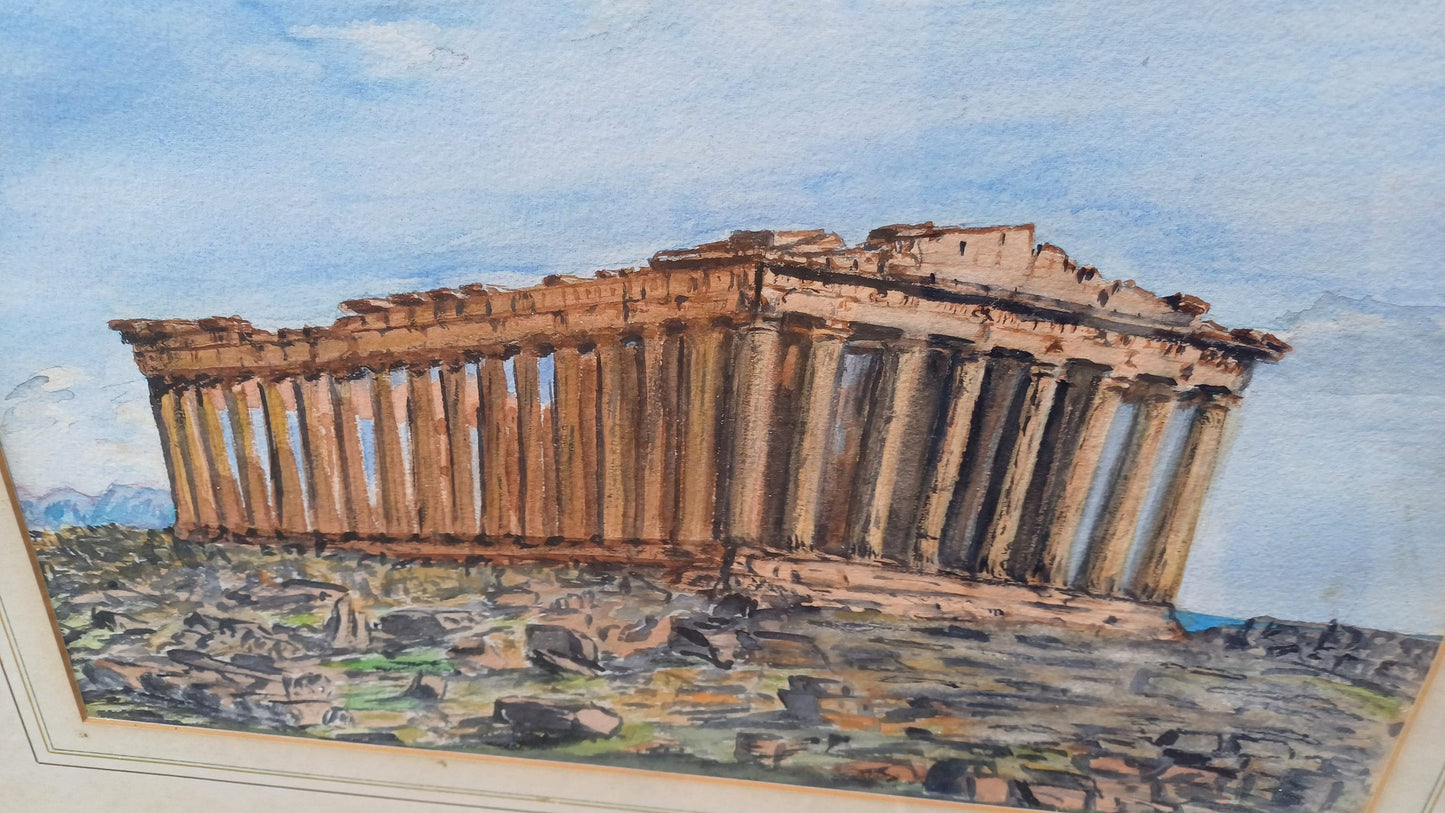 Vintage original watercolour of the Acropolis, Athens - excellent depiction, mounted and vintage glazed frame, good size, water colour