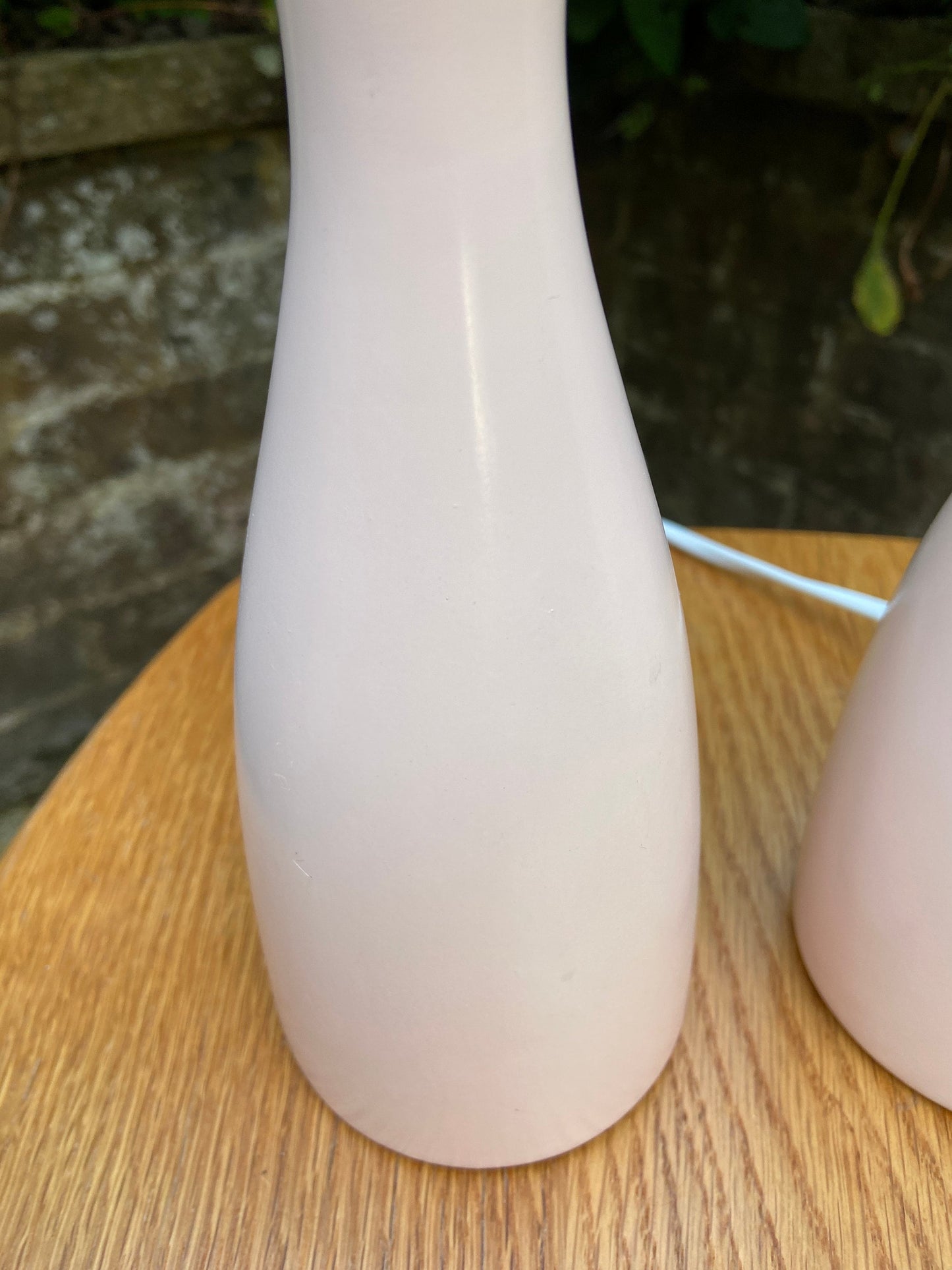 Pair of baby pink, pale pink, retro style bottle shaped lamps, pair table lamps, pair pink lamps, working lamps