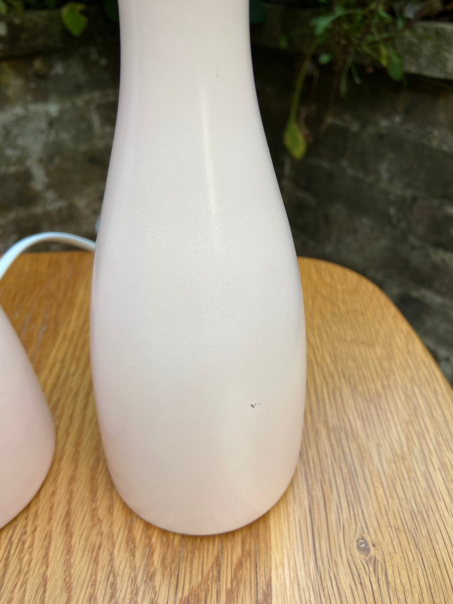 Pair of baby pink, pale pink, retro style bottle shaped lamps, pair table lamps, pair pink lamps, working lamps