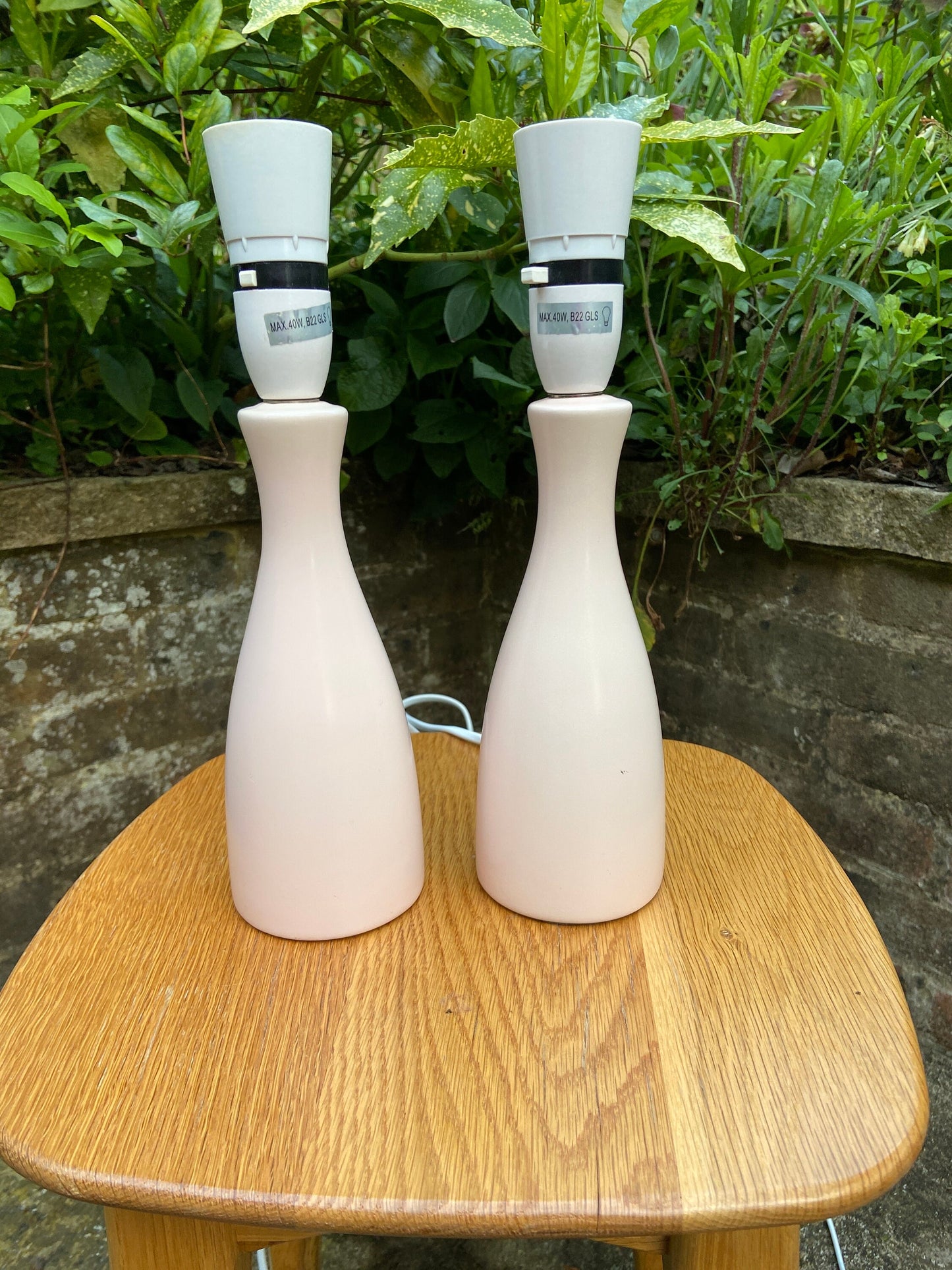 Pair of baby pink, pale pink, retro style bottle shaped lamps, pair table lamps, pair pink lamps, working lamps