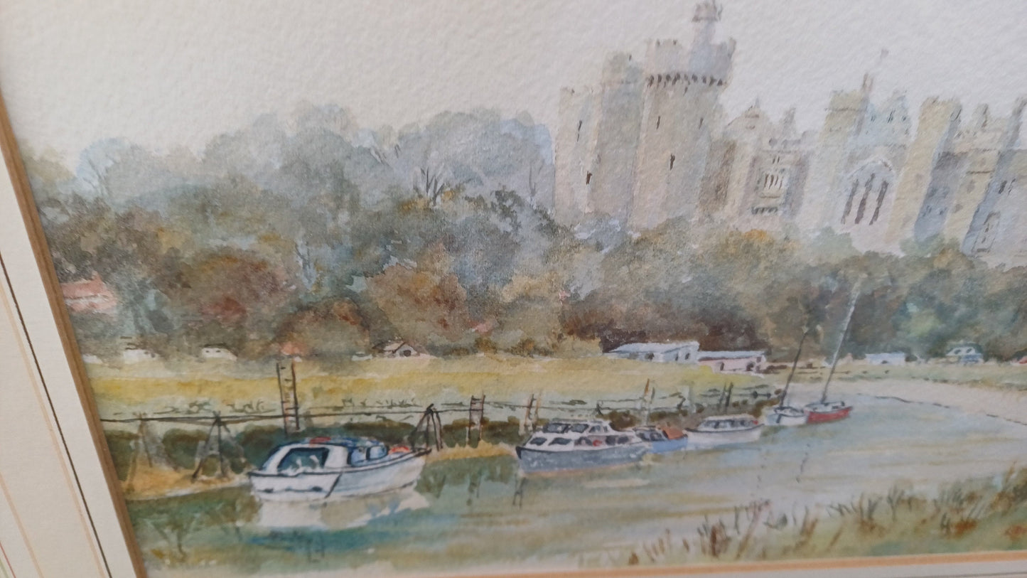 Wonderful vintage original watercolour - English scene, Castle on a river (Edward Snowdon), glazed and framed with mount, ready to hang