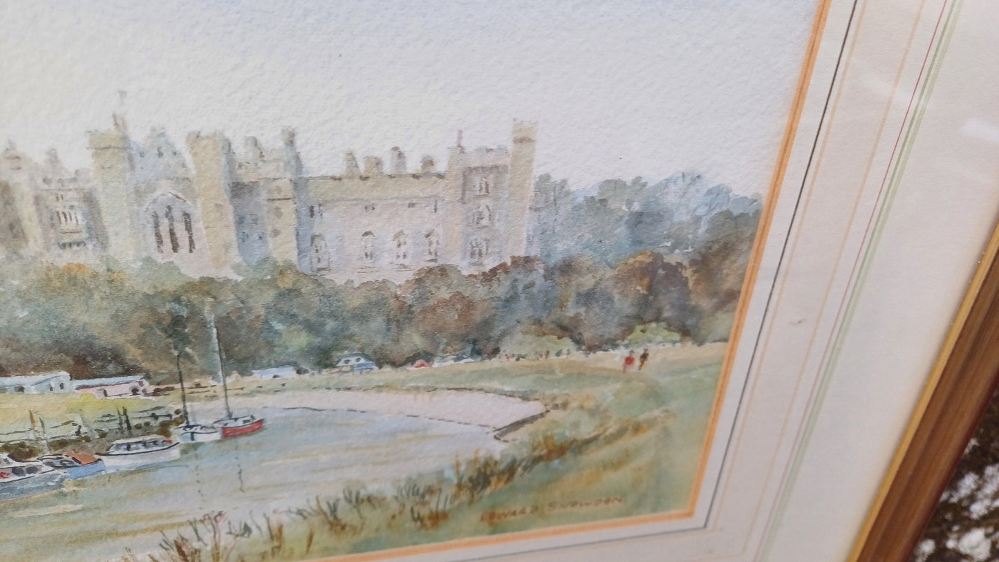 Wonderful vintage original watercolour - English scene, Castle on a river (Edward Snowdon), glazed and framed with mount, ready to hang