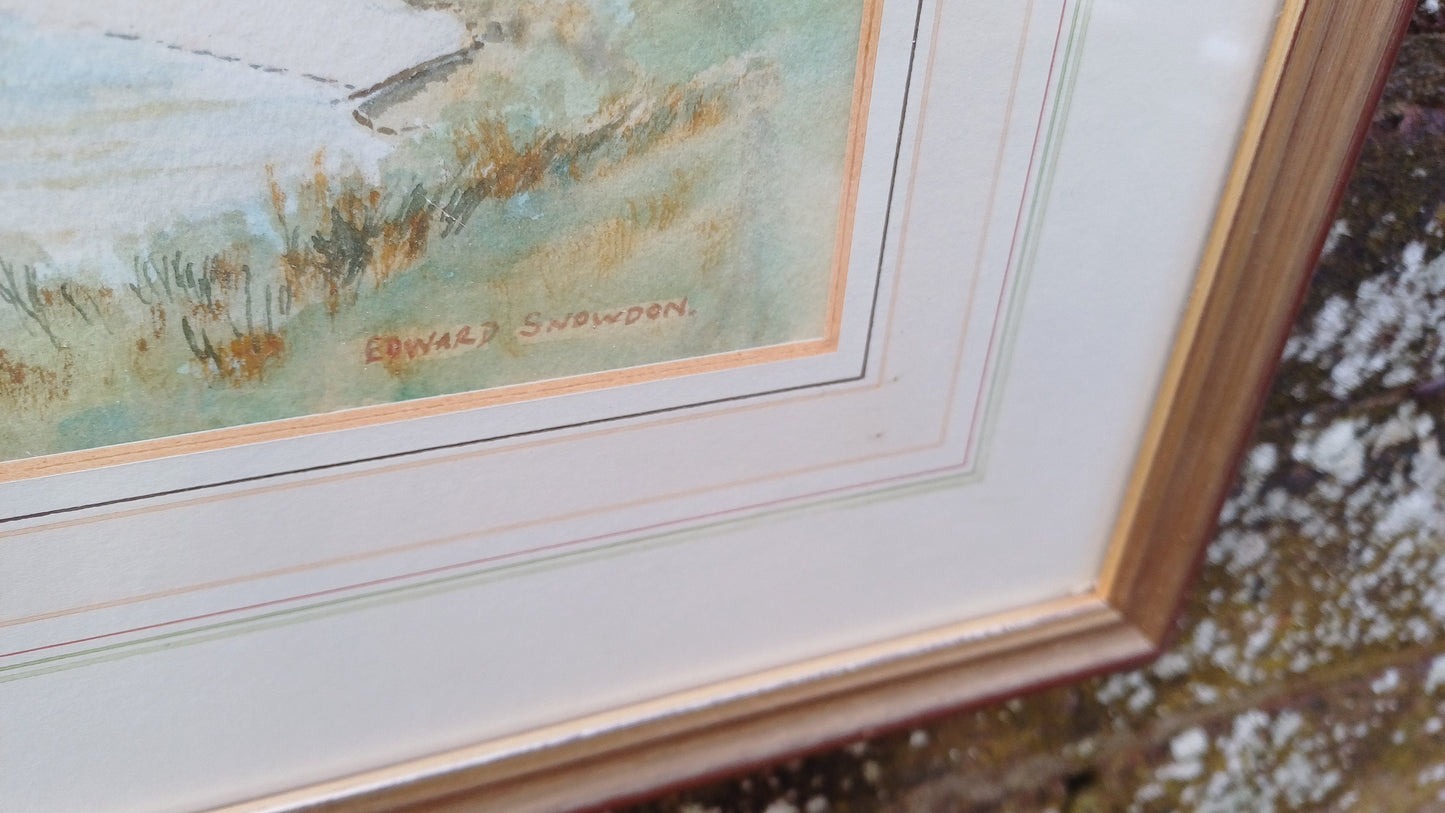 Wonderful vintage original watercolour - English scene, Castle on a river (Edward Snowdon), glazed and framed with mount, ready to hang