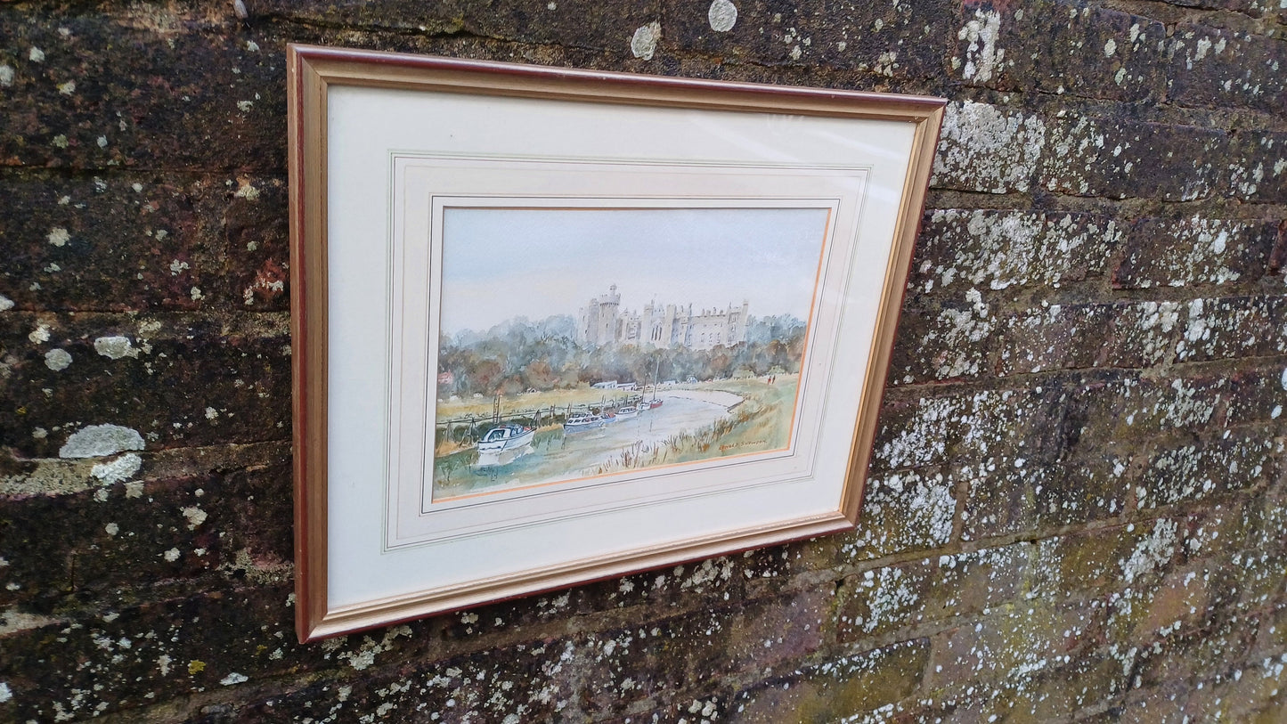 Wonderful vintage original watercolour - English scene, Castle on a river (Edward Snowdon), glazed and framed with mount, ready to hang