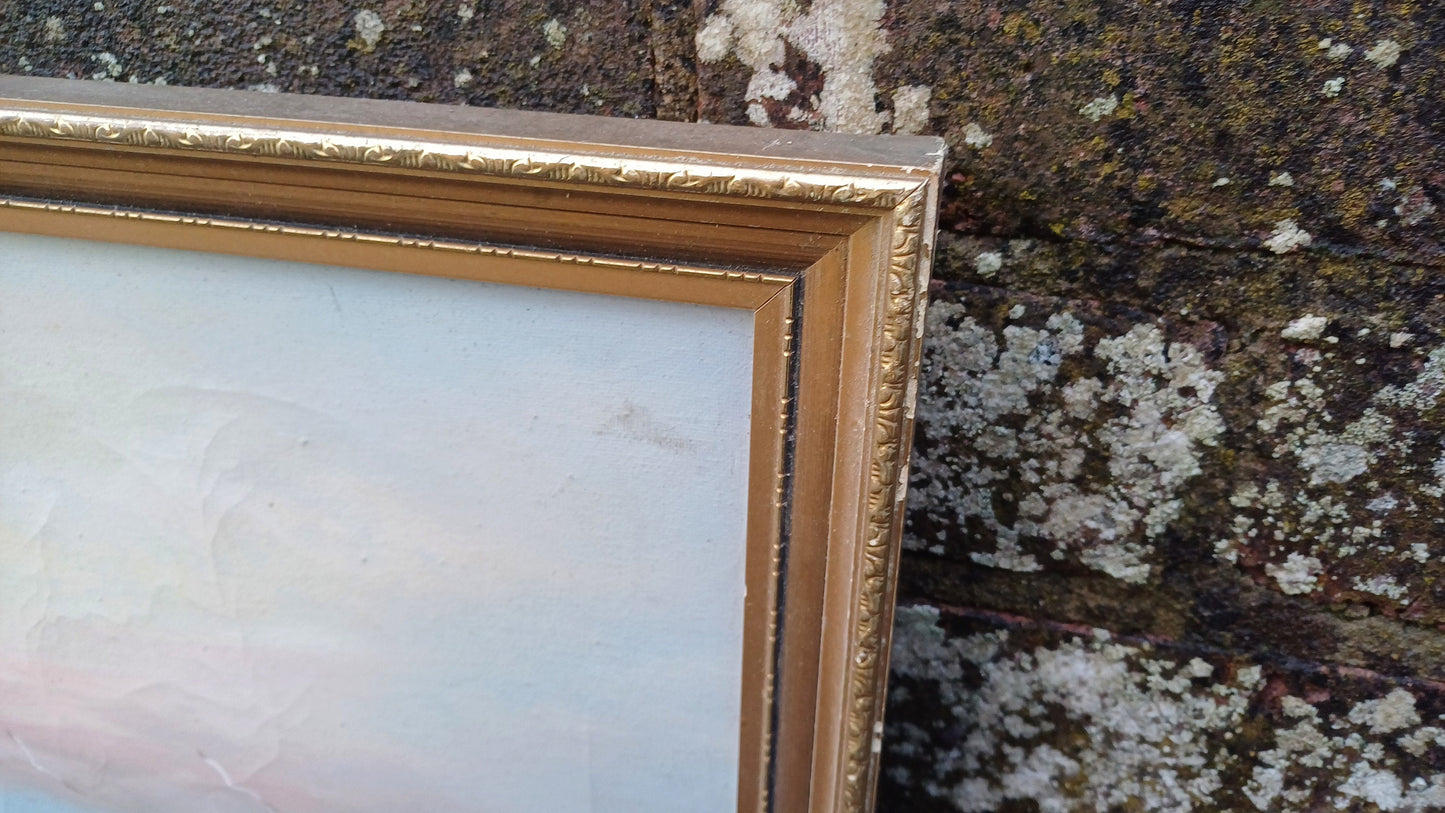 Classic 80s Seascape Vista Lighthouse Oil Painting on Canvas in Gold Frame.