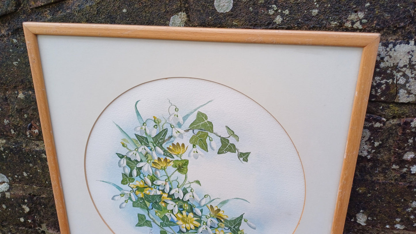 Vintage original watercolour of Snowdrops and Jasmine by J.M.M. - beautiful water colour painting of early Spring flowers in a vintage frame