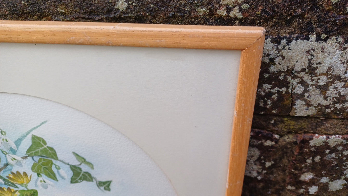 Vintage original watercolour of Snowdrops and Jasmine by J.M.M. - beautiful water colour painting of early Spring flowers in a vintage frame