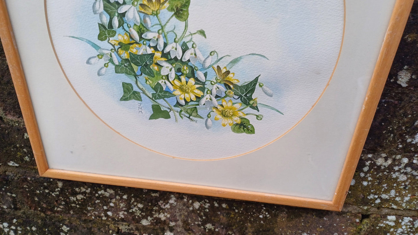 Vintage original watercolour of Snowdrops and Jasmine by J.M.M. - beautiful water colour painting of early Spring flowers in a vintage frame