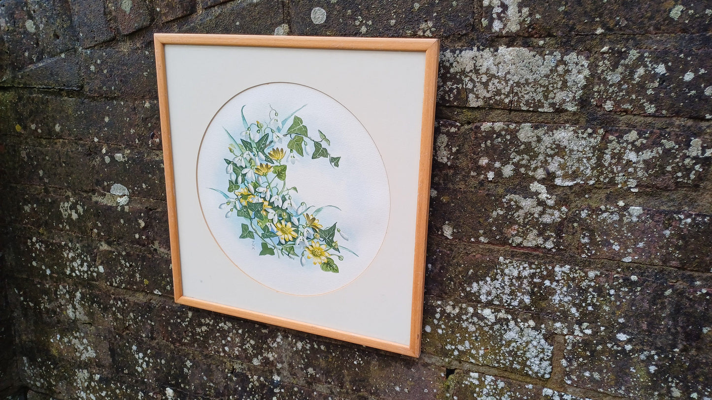 Vintage original watercolour of Snowdrops and Jasmine by J.M.M. - beautiful water colour painting of early Spring flowers in a vintage frame