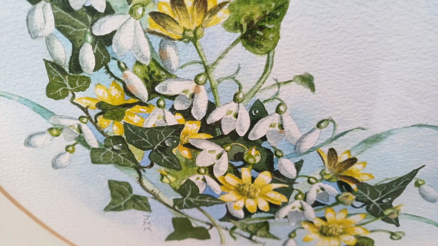Vintage original watercolour of Snowdrops and Jasmine by J.M.M. - beautiful water colour painting of early Spring flowers in a vintage frame