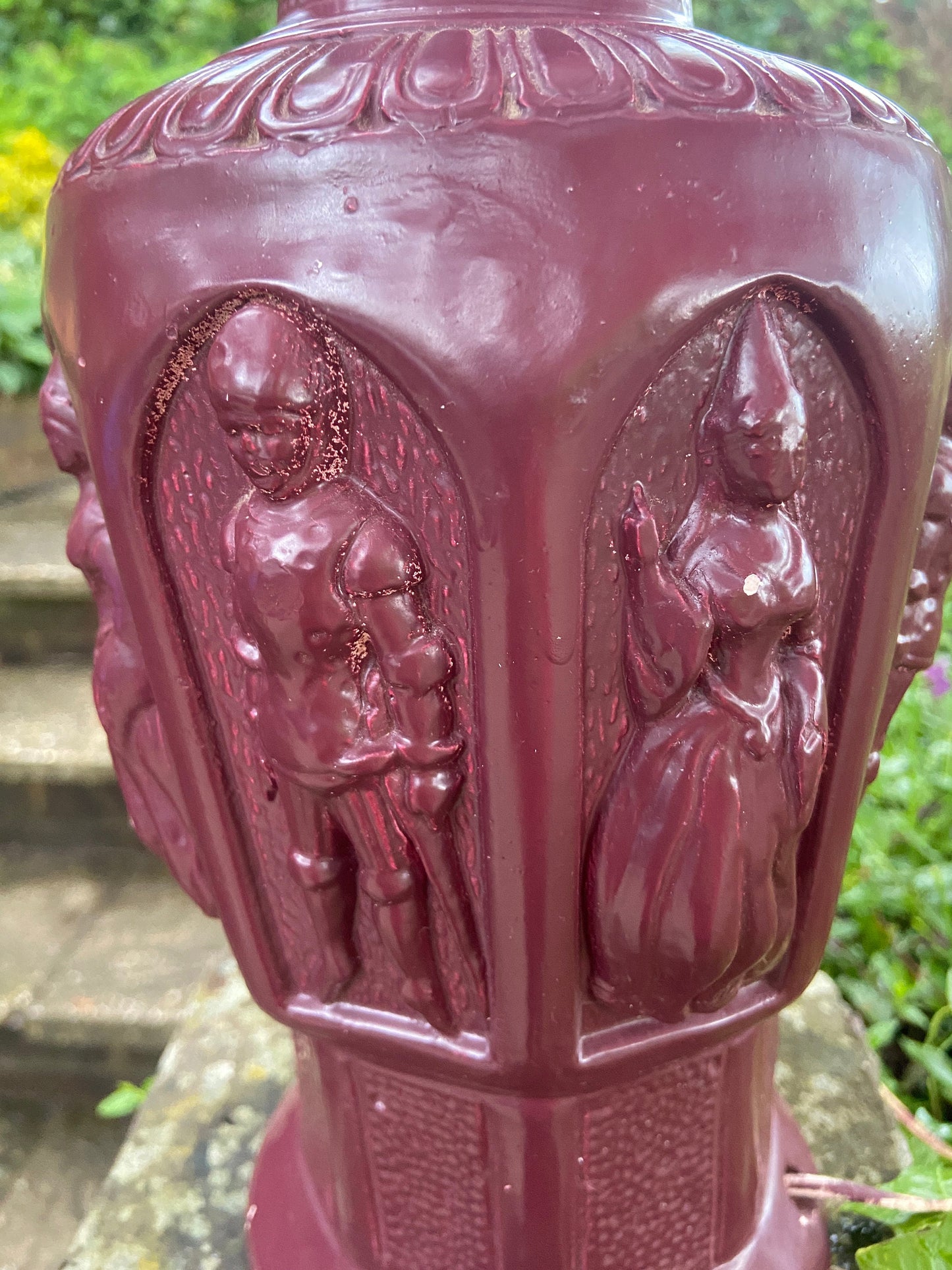 Quirky 1960s 70s large ceramic lamp - wine red, maroon, bottle shape, knicks and maidens motif, working lamp, retro lamp, upcycle