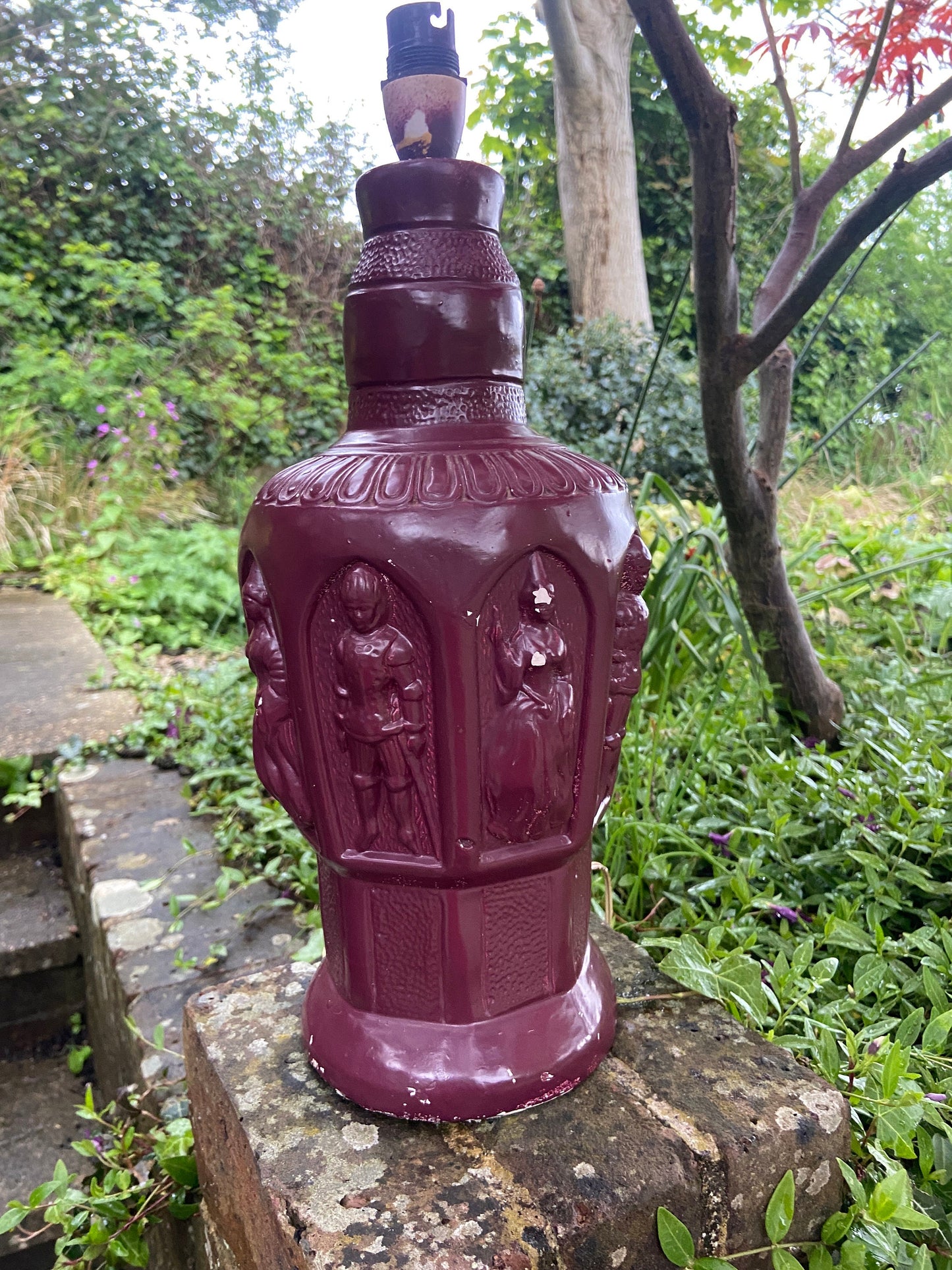 Quirky 1960s 70s large ceramic lamp - wine red, maroon, bottle shape, knicks and maidens motif, working lamp, retro lamp, upcycle