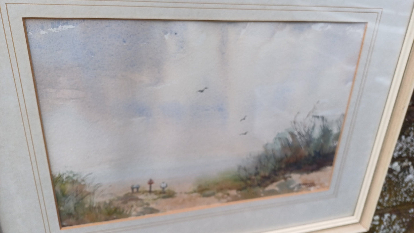 Vintage Original 80s Watercolour Titled ‘Way to the Beach’ Seaside Vista