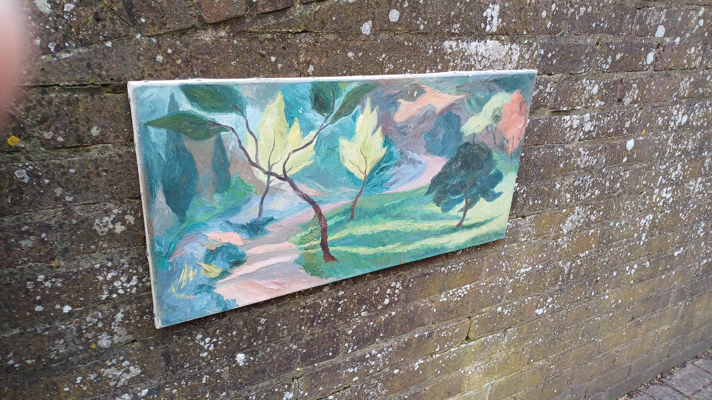 Original vintage oil painting of trees, landscape, naive art