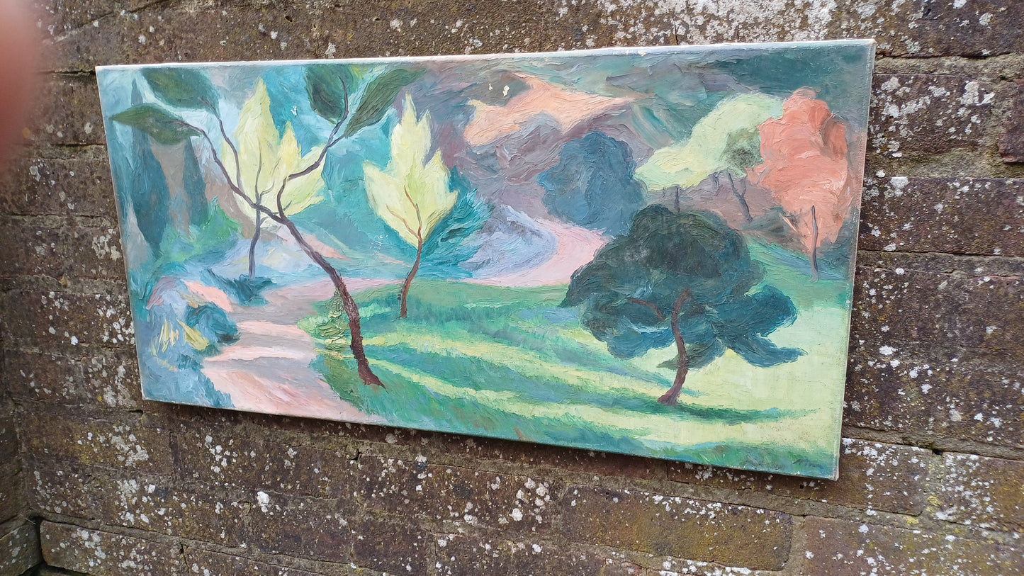 Original vintage oil painting of trees, landscape, naive art