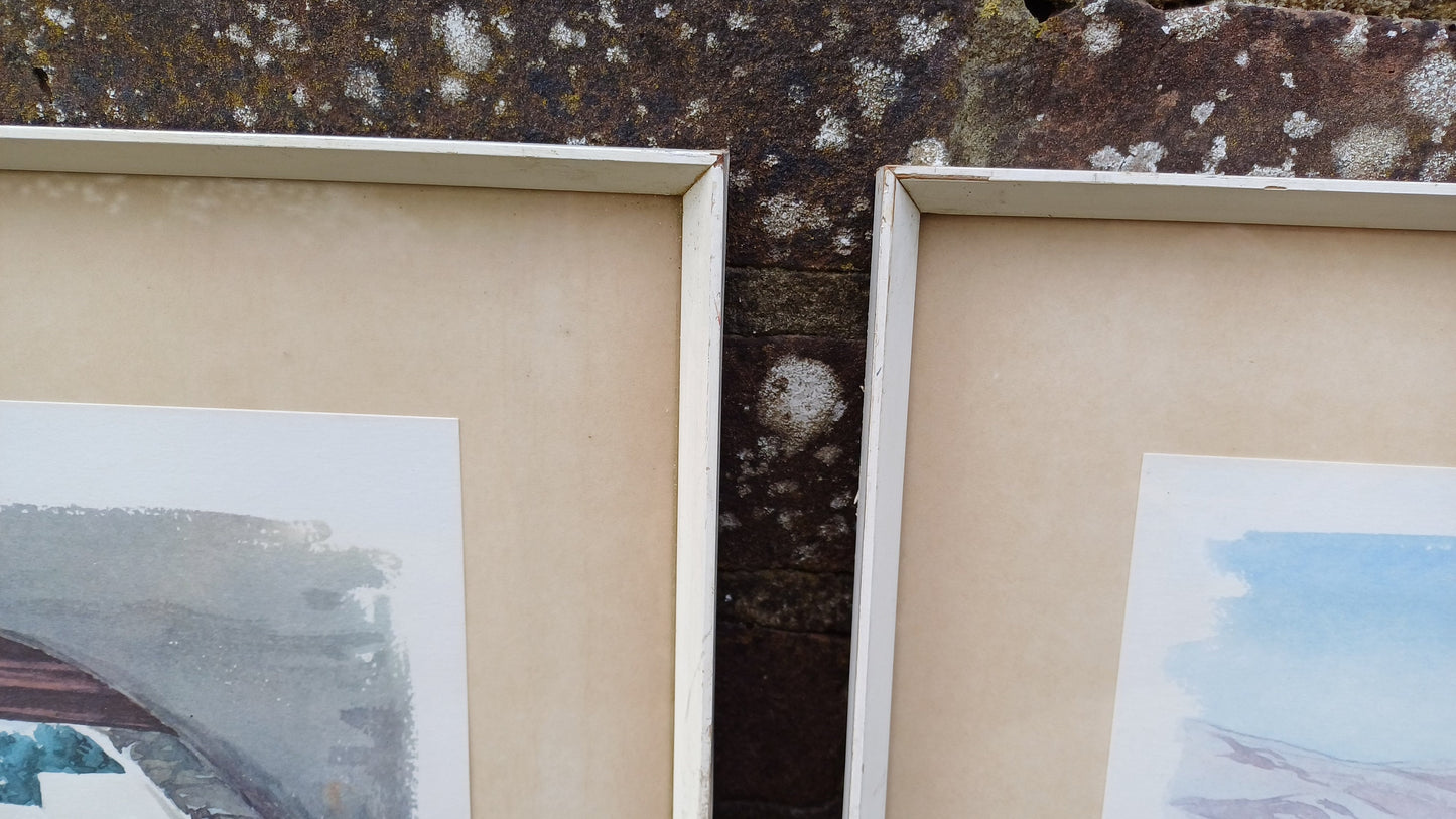 Four vintage prints of Greek scenes by Stamatis Vassiliou 1964 , framed in retro wooden white frame, Andros, Santorini, Naxos