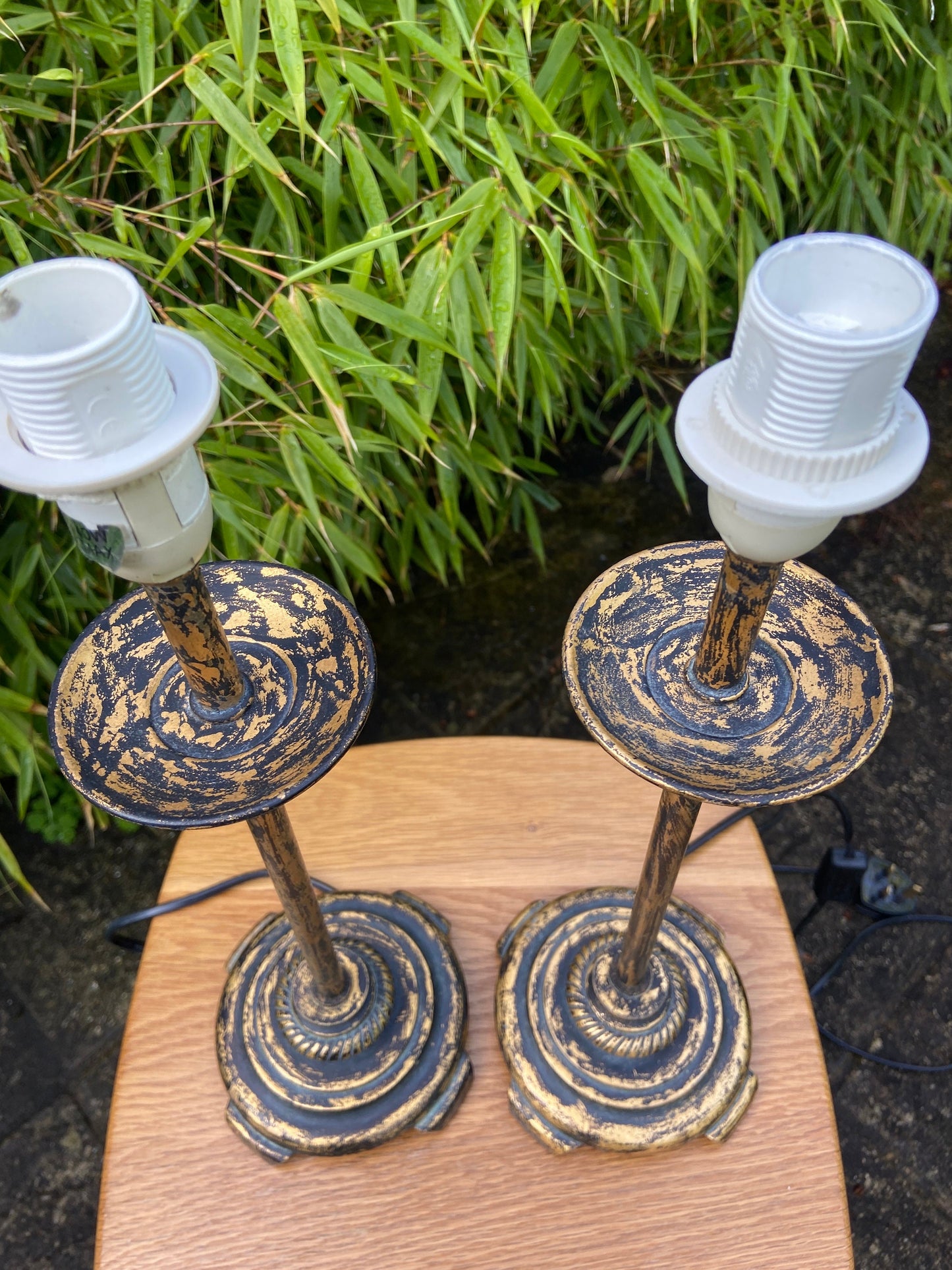 Vintage pair gold and black metal painted lamps - candlestick tall lamps, ornate table lamps, vintage lamp