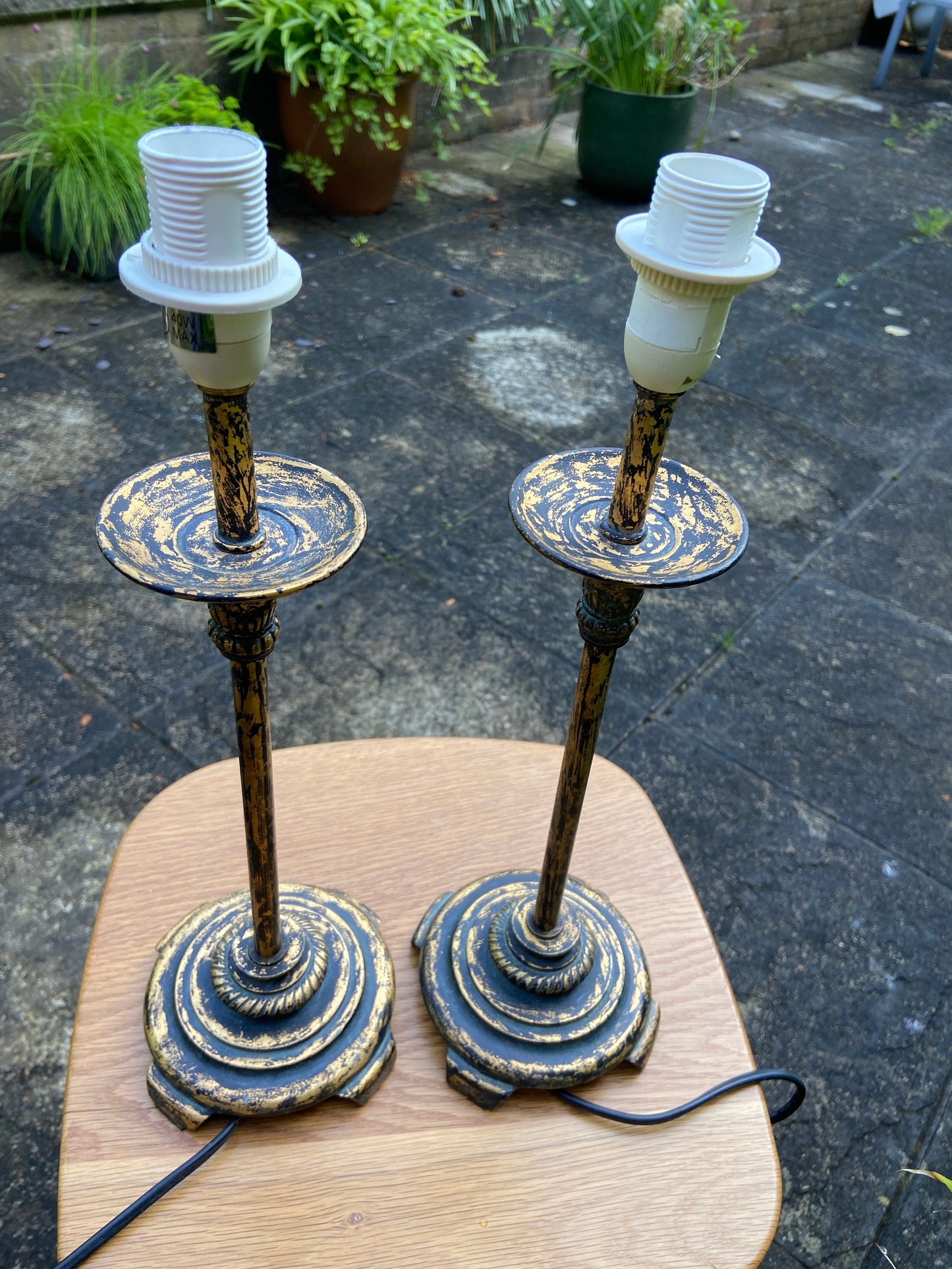 Vintage pair gold and black metal painted lamps - candlestick tall lamps, ornate table lamps, vintage lamp
