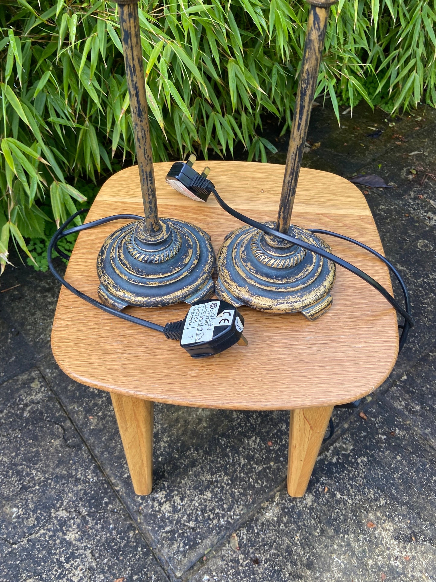 Vintage pair gold and black metal painted lamps - candlestick tall lamps, ornate table lamps, vintage lamp