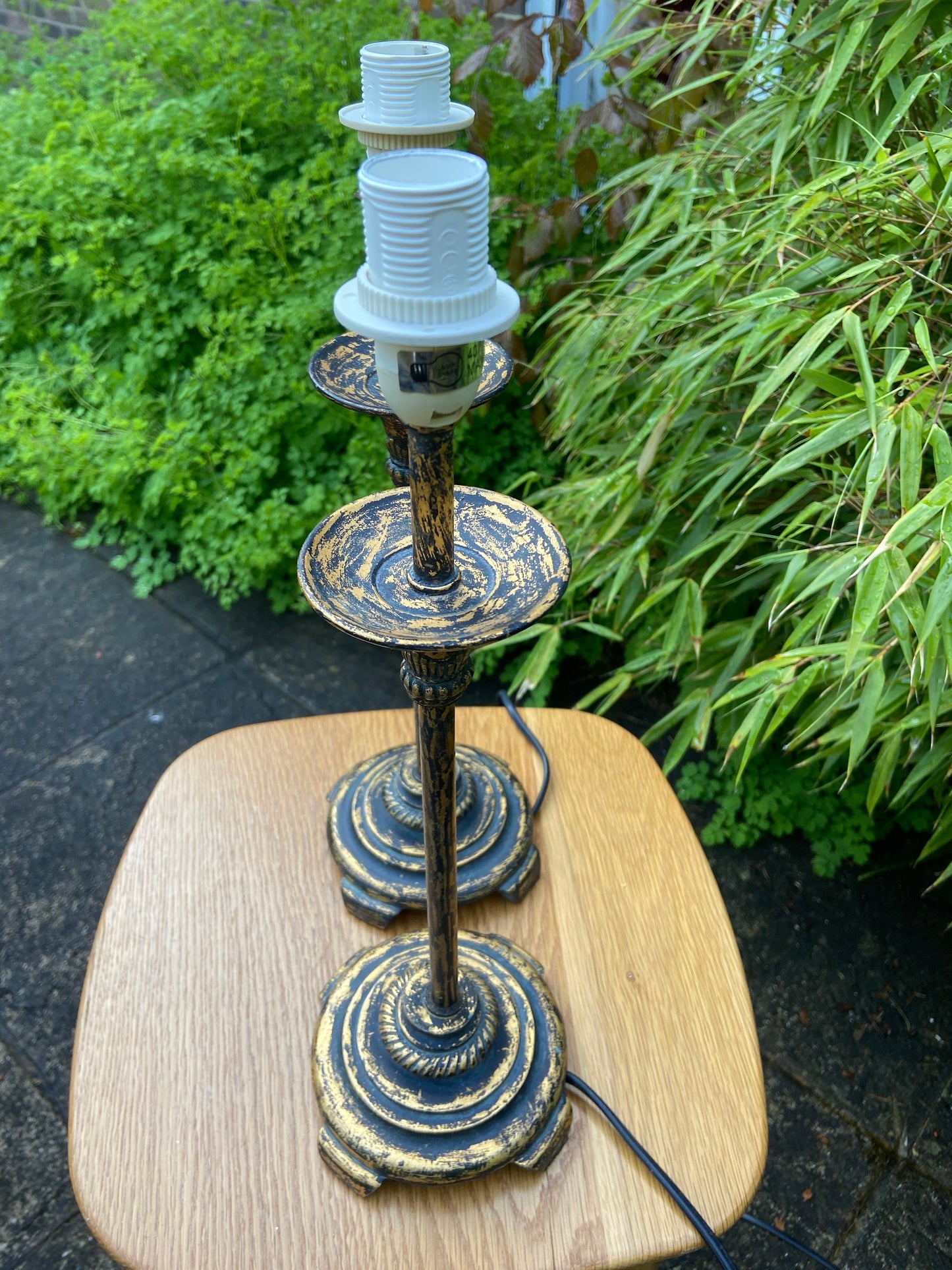 Vintage pair gold and black metal painted lamps - candlestick tall lamps, ornate table lamps, vintage lamp