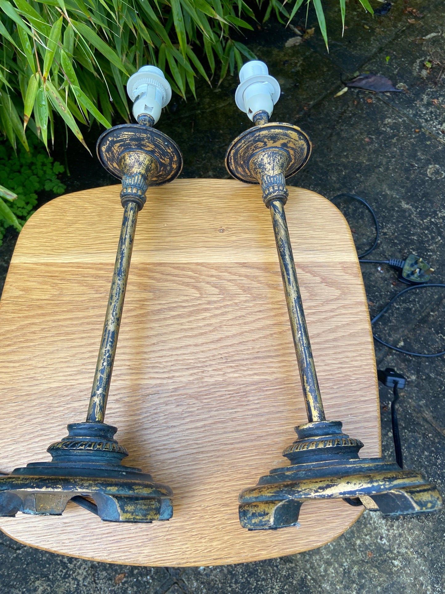 Vintage pair gold and black metal painted lamps - candlestick tall lamps, ornate table lamps, vintage lamp