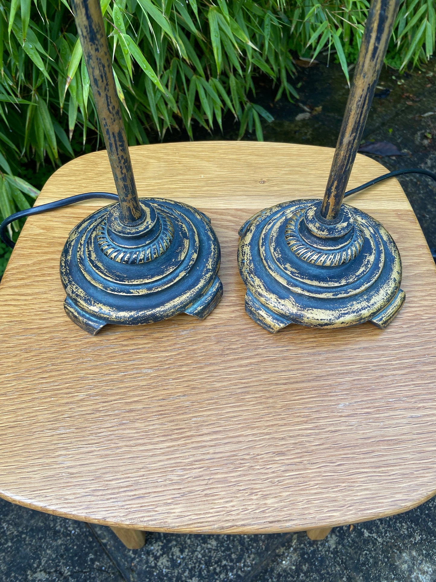 Vintage pair gold and black metal painted lamps - candlestick tall lamps, ornate table lamps, vintage lamp