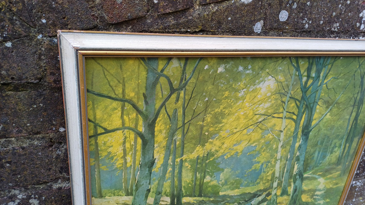 Marvellous Retro Print of an Erich Kruger forest tree and river print, framed in retro wooden frame