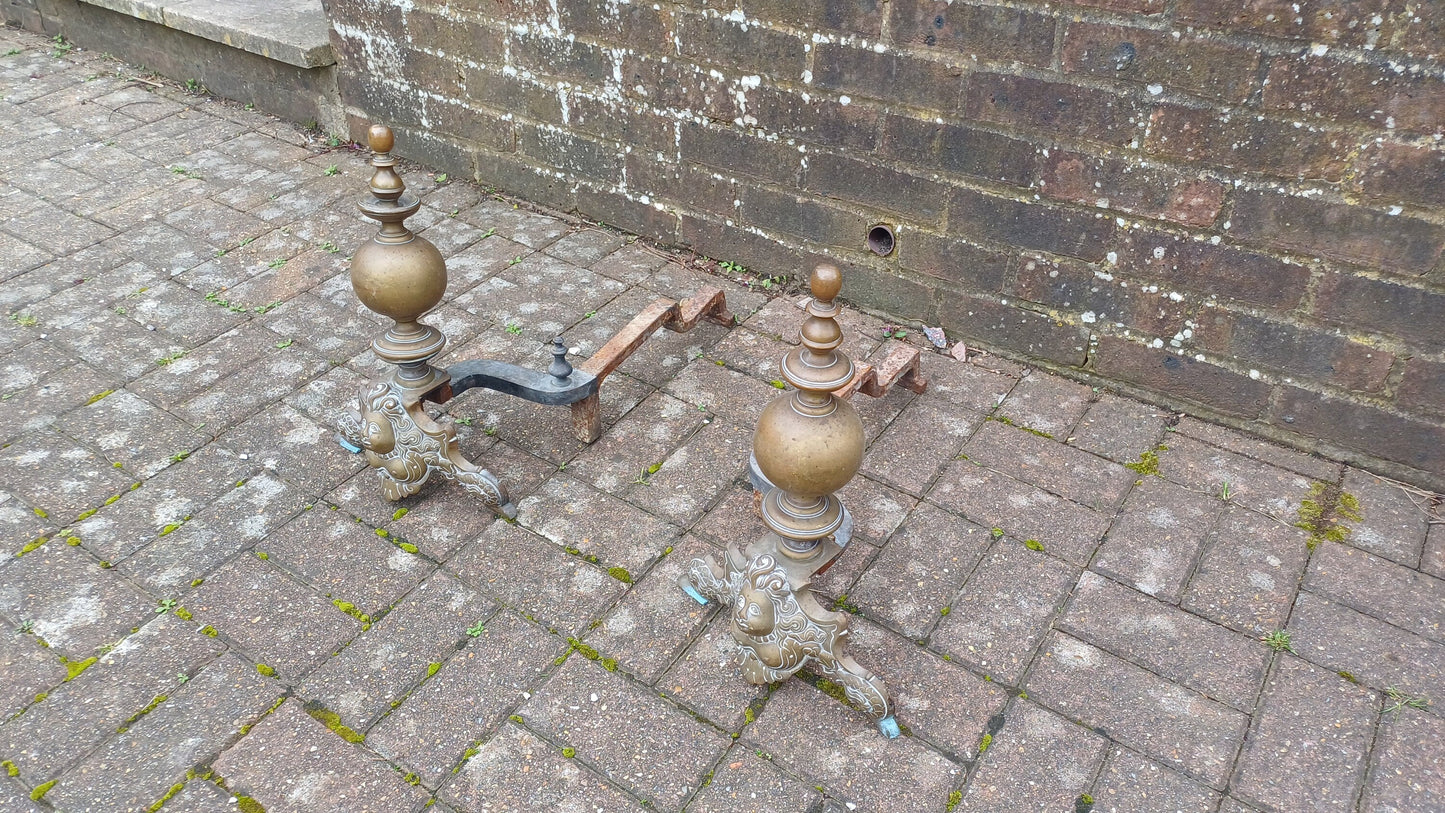 Magnificent Pair Victorian Vintage Brass and Iron Fire Dogs Naked Breasted Lady of the Sea.
