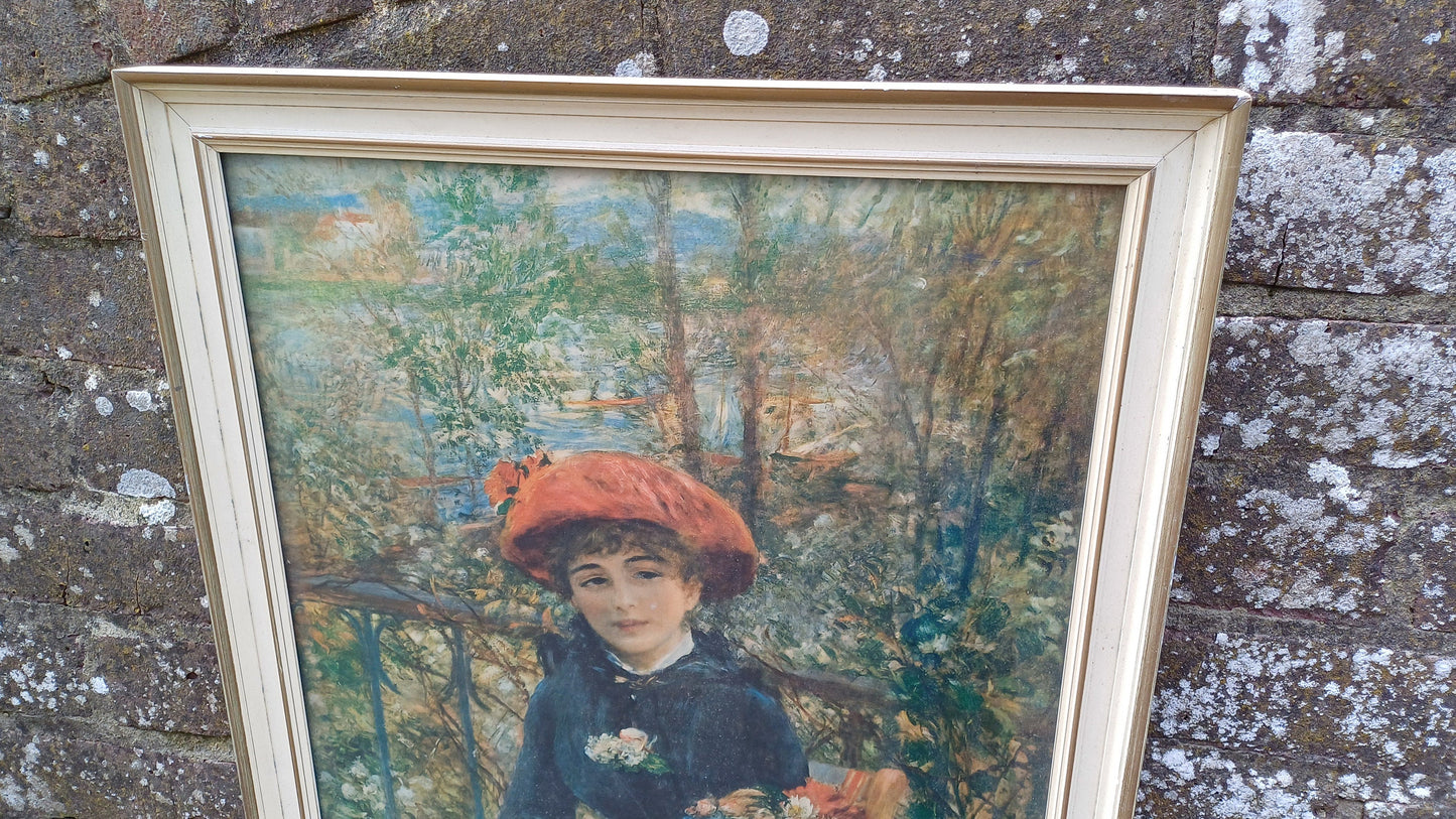 Large Iconic Vintage Impressionist Print ‘Two Sisters (On the Terrace)’ by Pierre-Auguste Renoir in Glazed Wooden Frame.