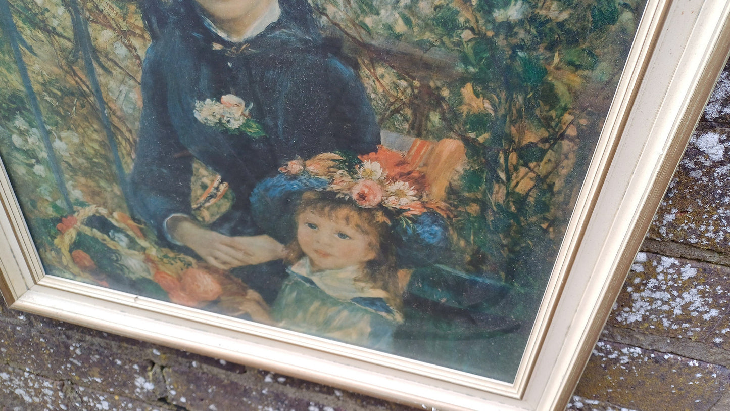 Large Iconic Vintage Impressionist Print ‘Two Sisters (On the Terrace)’ by Pierre-Auguste Renoir in Glazed Wooden Frame.