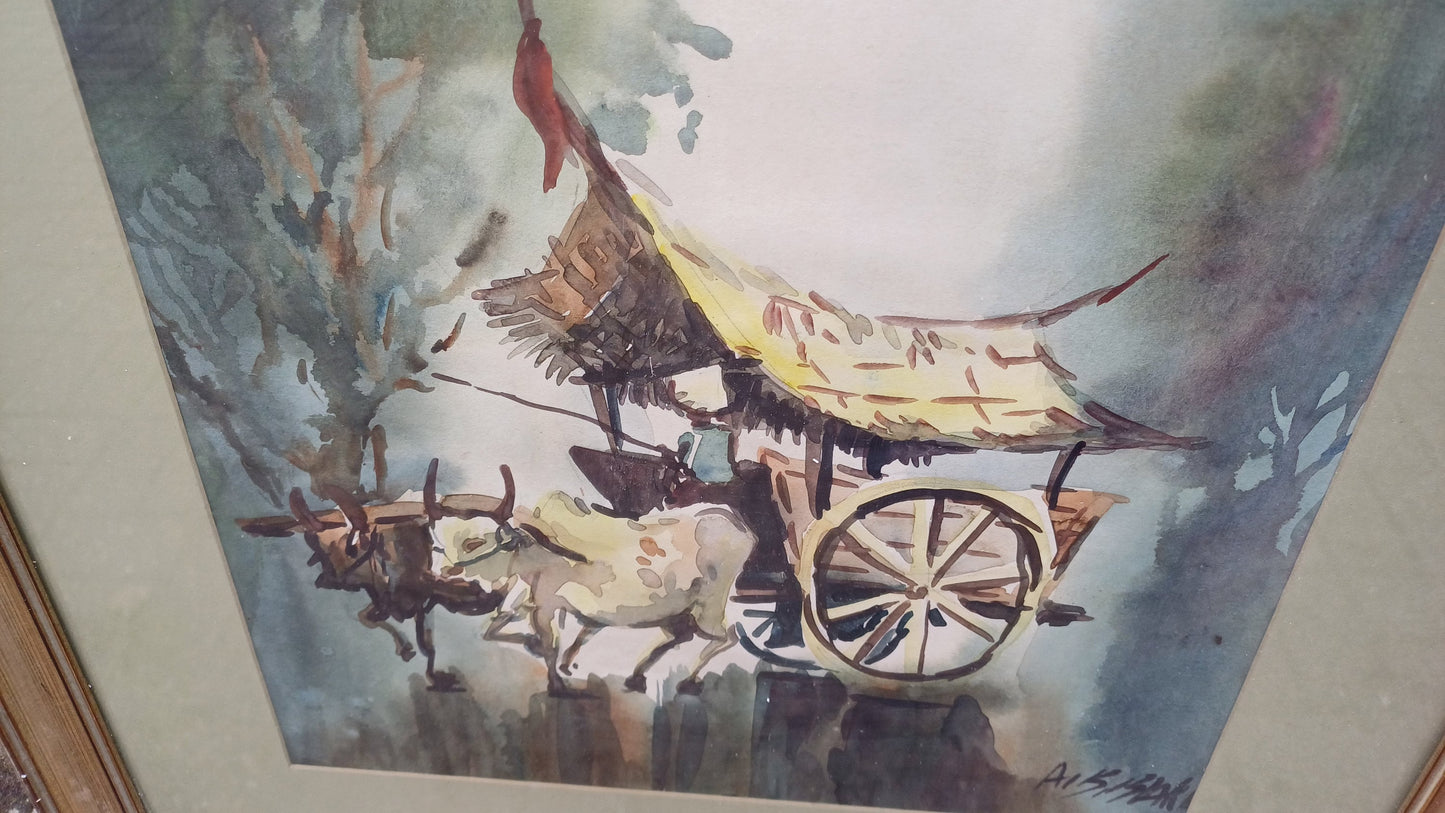 Large Vintage Original Watercolour Malaysia Ox Bullock and Cart Wagon. Hotel in Penang 1976
