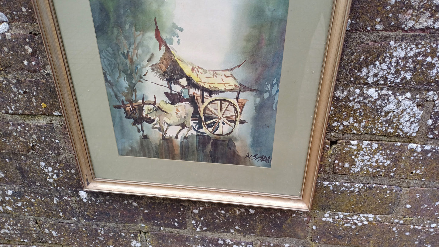 Large Vintage Original Watercolour Malaysia Ox Bullock and Cart Wagon. Hotel in Penang 1976
