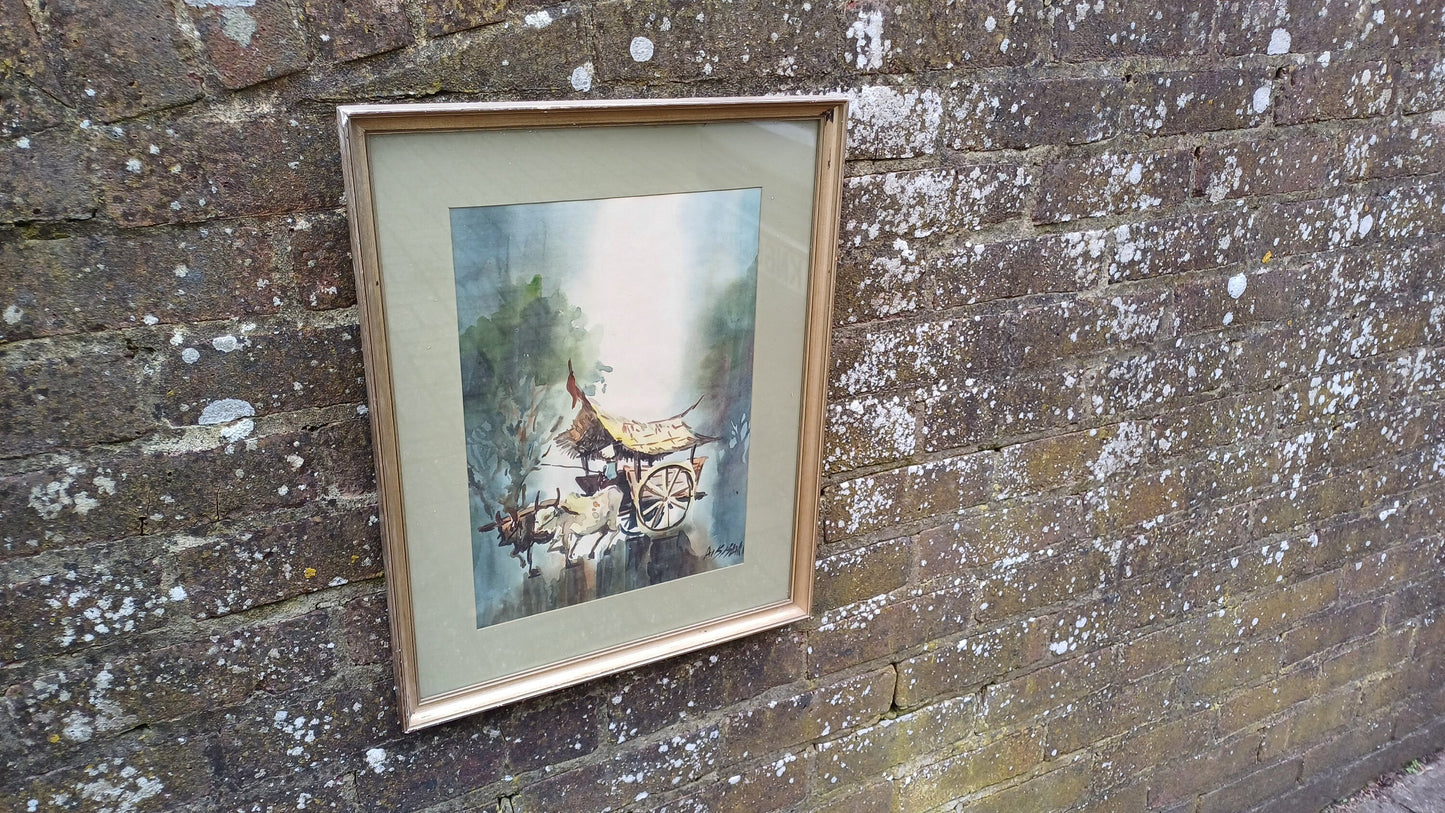 Large Vintage Original Watercolour Malaysia Ox Bullock and Cart Wagon. Hotel in Penang 1976