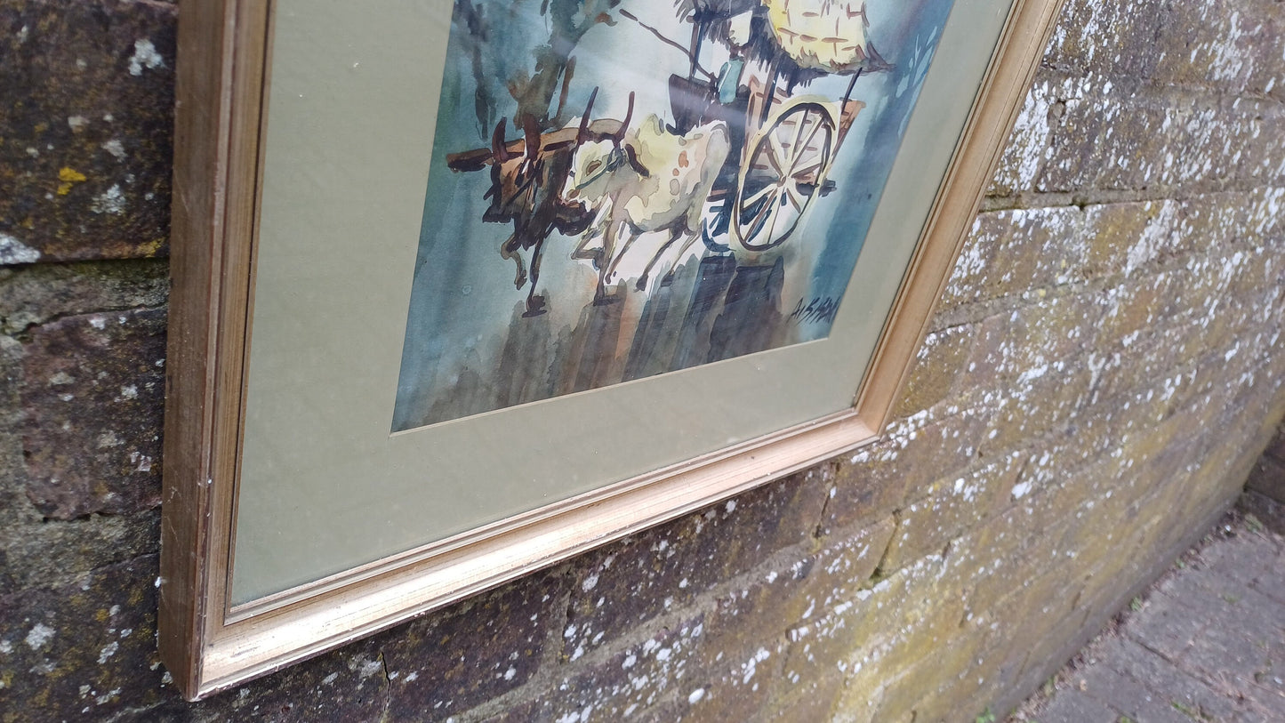 Large Vintage Original Watercolour Malaysia Ox Bullock and Cart Wagon. Hotel in Penang 1976