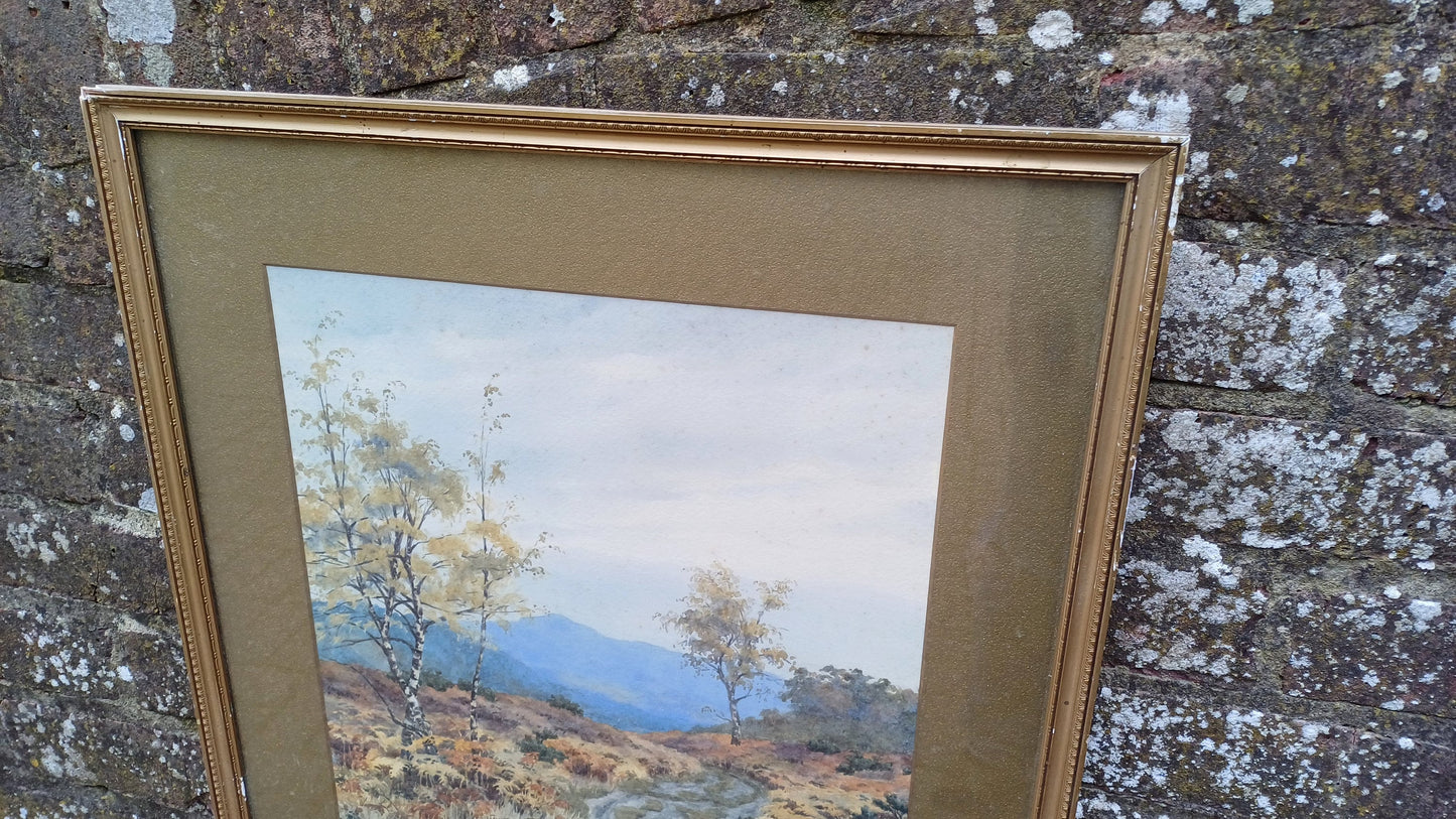 Large Vintage Original Watercolour Painting Landscape Country Highlands or Lake District Maybe Glazed Wooden Frame